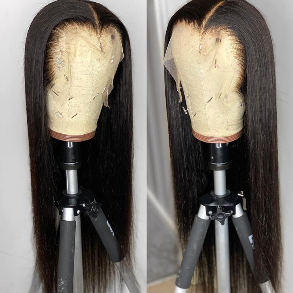 26 Inch Straight Human Hair Wigs, 13 X 4 Human Hair Lace Front Wigs, Pre Plucked, Glueless Wigs, Human Hair with Baby Hair, Natural Black, 180 Density image number 5
