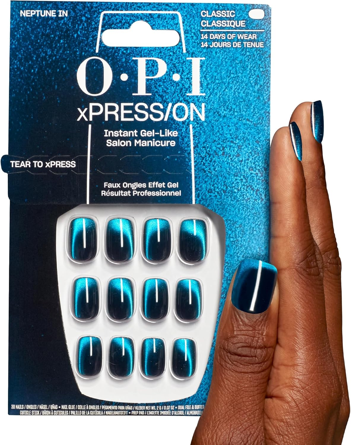 OPI Xpress/On Press on Nails, up to 14 Days of Wear, Gel-Like Salon Manicure, Reusable, Vegan, Sustainable Packaging, with Nail Glue, Neptune In