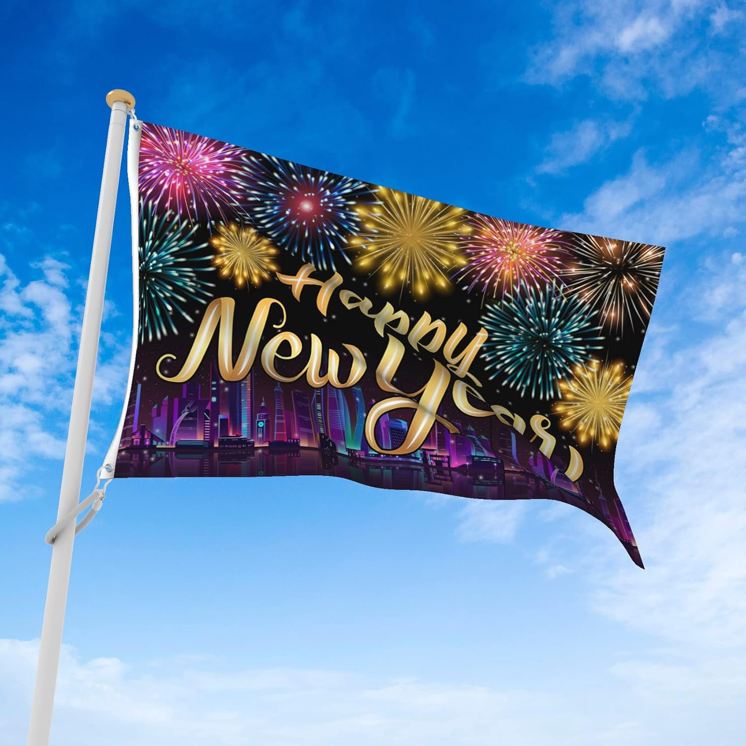 Yongfoto 2026 Happy New Year Flag 3X5Ft Colorful Glitter Fireworks Blooming City Night Flags for Holiday Celebrations Banner Home Outdoor Garden Porch Indoor Party Decor, with 2 Sturdy Grommets image number 1