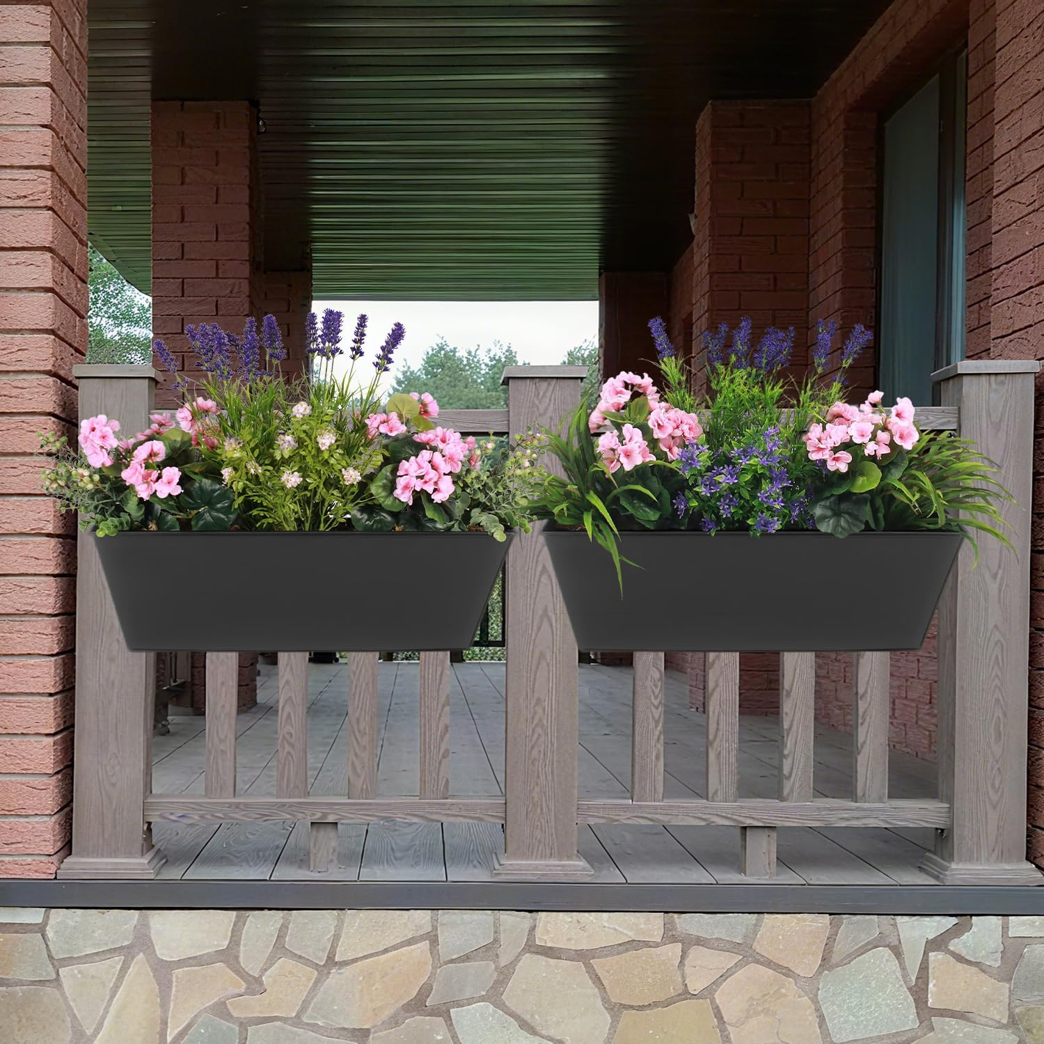 16 Inch Deck-Mounted Railing Plant Pots, Set of 3 Exterior Flower Box for Porch, Patio, Terrace (Black) image number 3