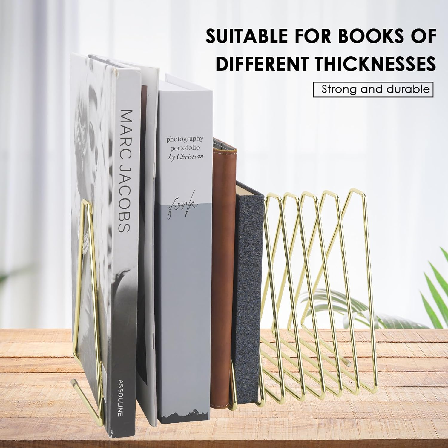 Elastic Decorative Bookend for Desk, 11 Slots Elastic File Sorter Organizer, Stretchable Iron Triangle Bookshelf Holder for Home, Office (Gold) image number 3