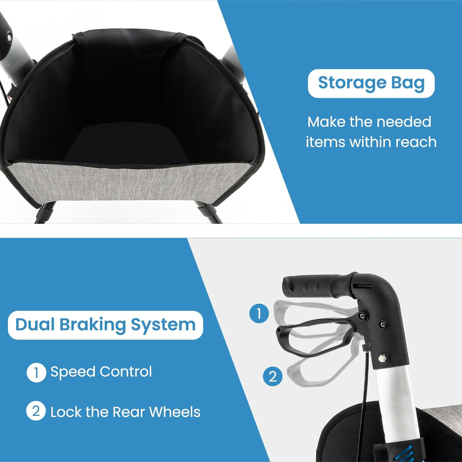 Costway 3 Wheel Rollator Walker, Folding Aluminum Rolling Walker W/Zippered Storage Bag, Safe Dual Brake System & 8" Wheels, Lightweight Medical Standard Rollator for Elderly Seniors (Blue)