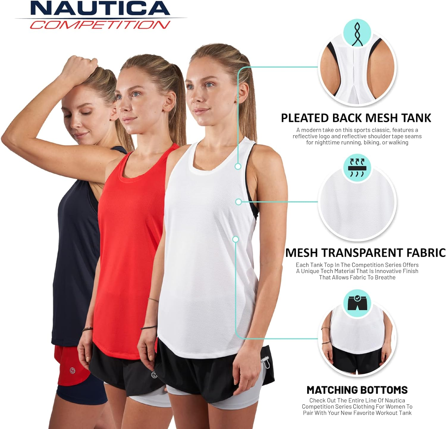 Nautica Competition 3 Pack Workout Tank Tops for Women Active Athletic Gym Workout Running Exercise Yoga Dry-Fit Fabric image number 5