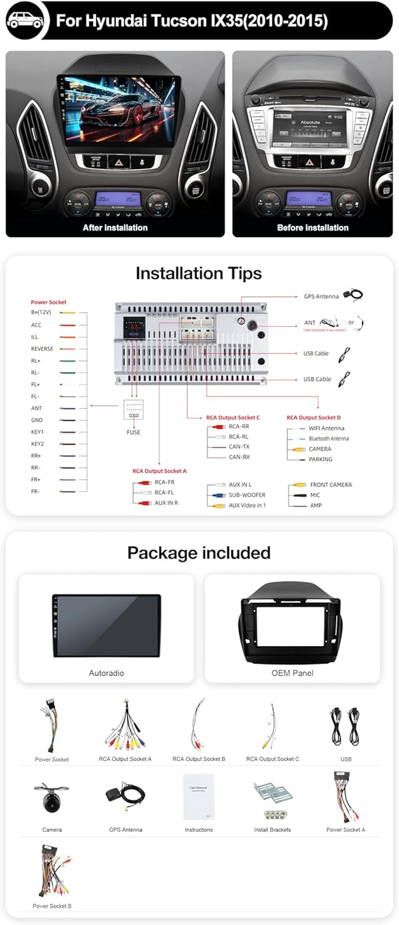 Android 14 IPS Car Stereo for Hyundai IX35 (2010-2017) - 2G+32G - Wireless Carplay/Android Auto - Rear Camera Free - 10.1 Inch 2 Din - DAB Steering Wheel Fast-Boot DSP Bluetooth Wifi image number 2