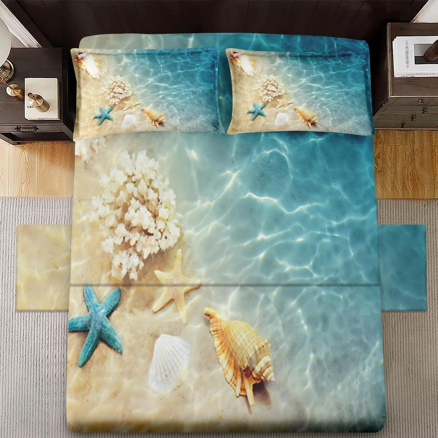 Wecozy Full Size 4 Pcs Bed Fitted Sheet Set with 14" Deep Pocket, Summer Seashell Beach Flat Sheet Set for Kids and Adults, Blue Sea Shell Animal Bedding with 2 Pillowcases for Bedroom Decor image number 2