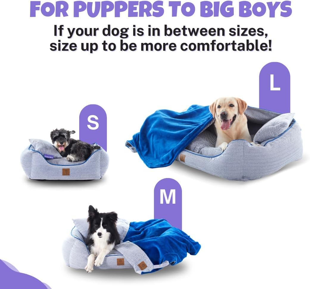 Charlie'S Hampton Herringbone Bolstered Walls & Low Front Wall 3-Piece Set with Bed, Pillow & Blanket 100% Recycled Polyester Filling Dog Bed Easy-To-Wash Removable Cover Blue - Small