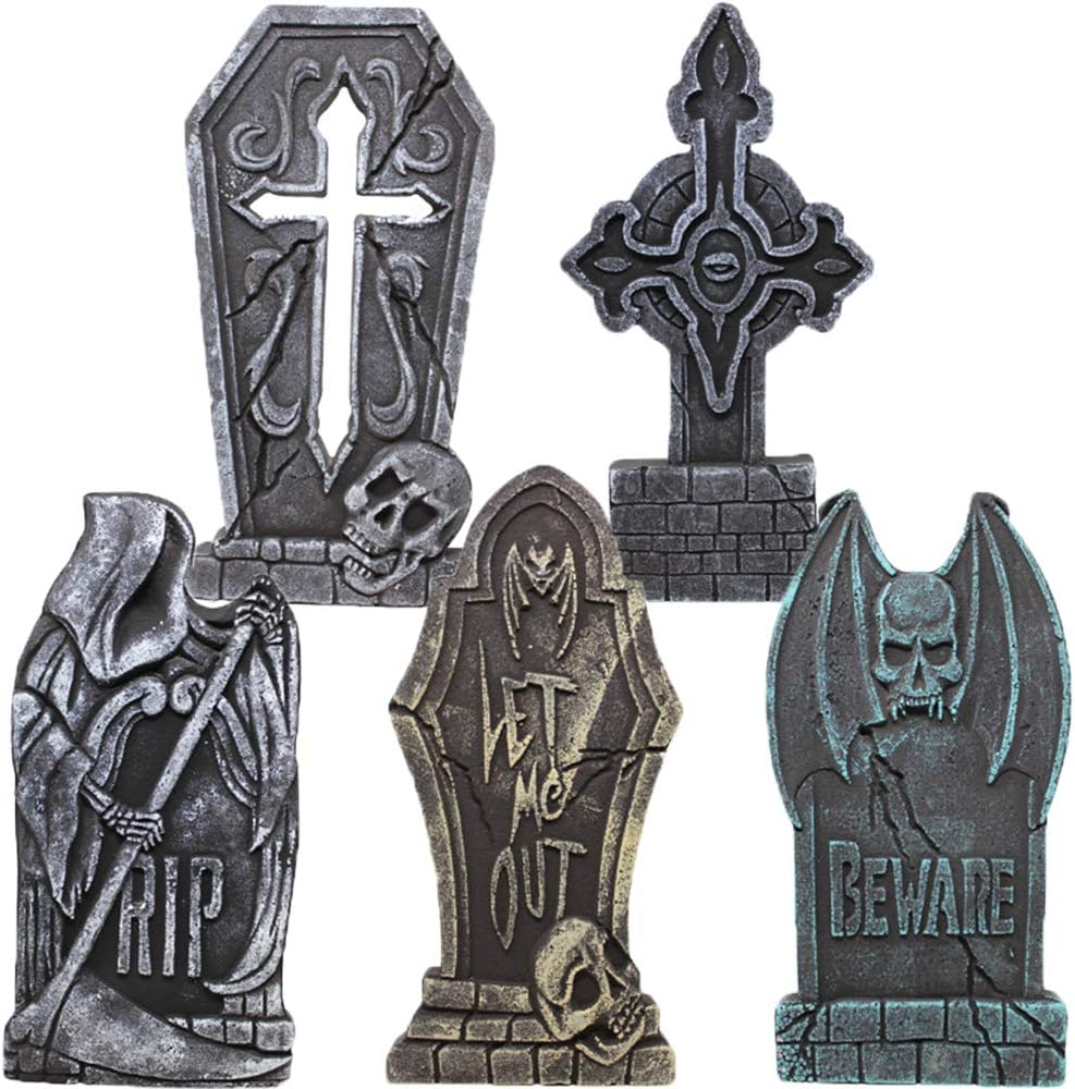 JOYIN 17&rdquo; Halloween Decorations Outdoor Tombstones, 5 Pack Halloween Foam Graveyard Headstone Decorations with 12 Bonus Metal Stakes for Yard Lawn outside Decor image number 5