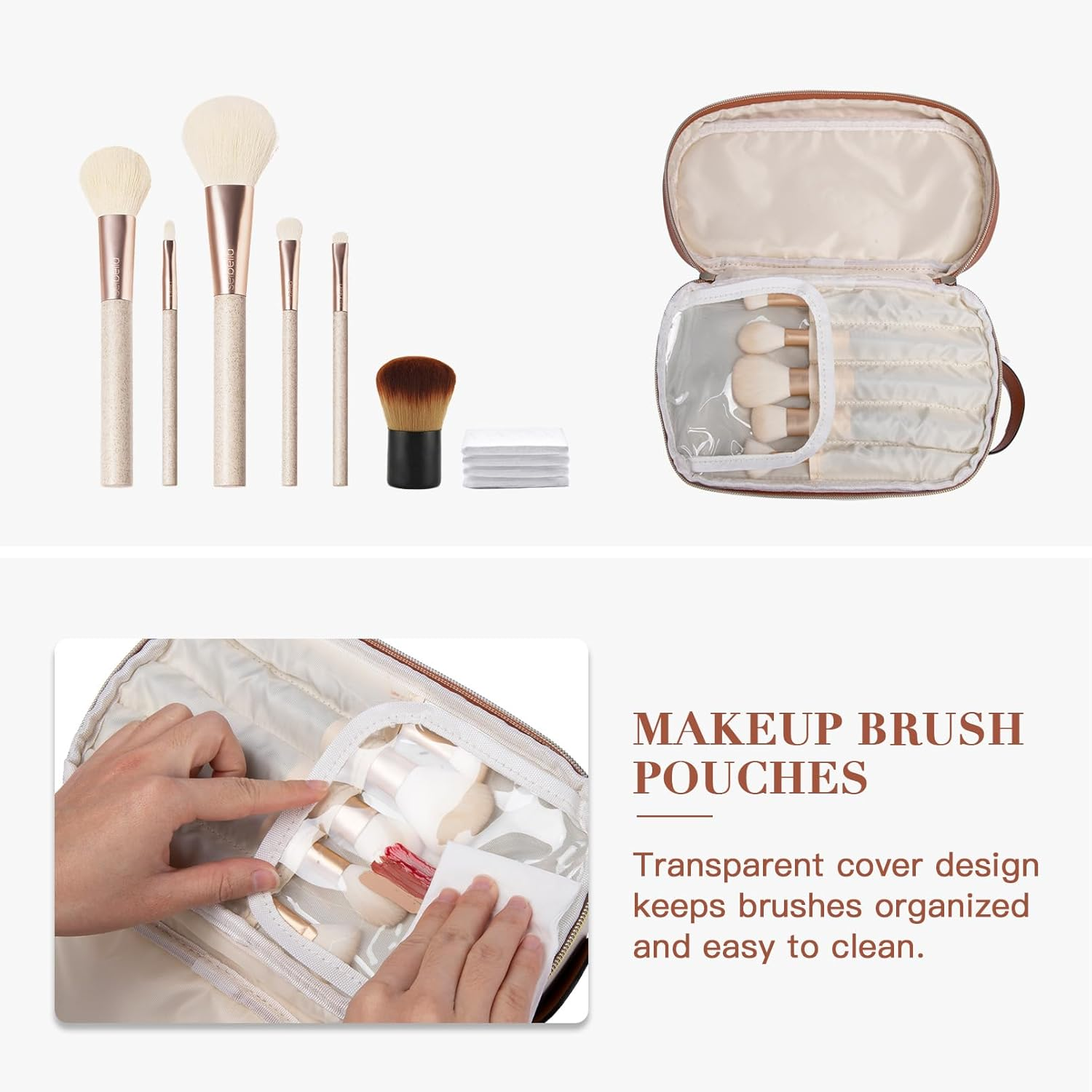 DDPOND Travel Toiletry Bag Makeup Cosmetic Bags for Women Waterproof PU Leather Toiletry Organizer Portable Large Capacity Beige with Brown