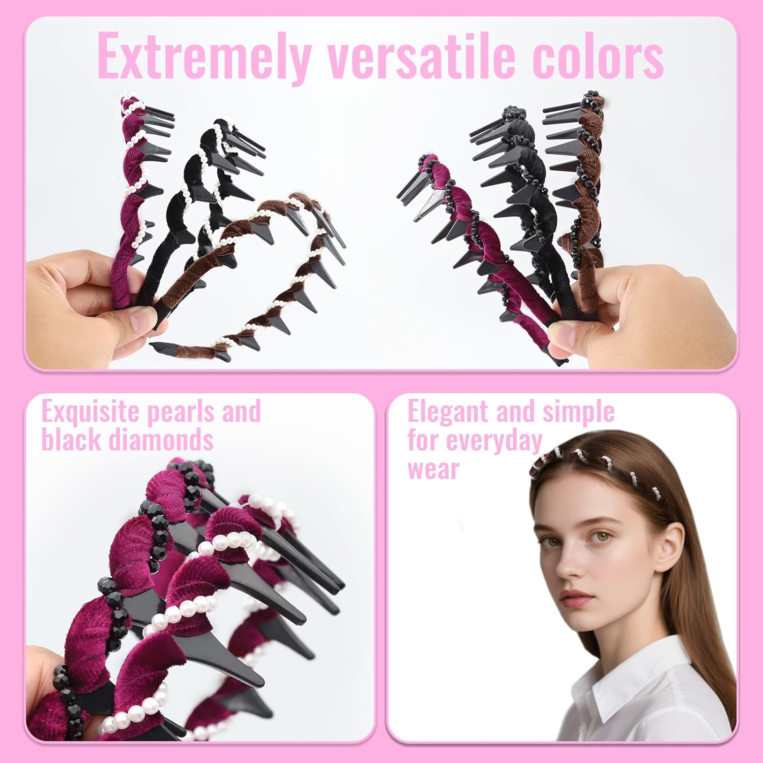 Vintage High Cranium Zigzag Headband Women'S 2025 New, Pack of 6 Vintage Pearl Black Diamond Headband Amen Elegant High Double-Sided Design Headband for Girls and Women