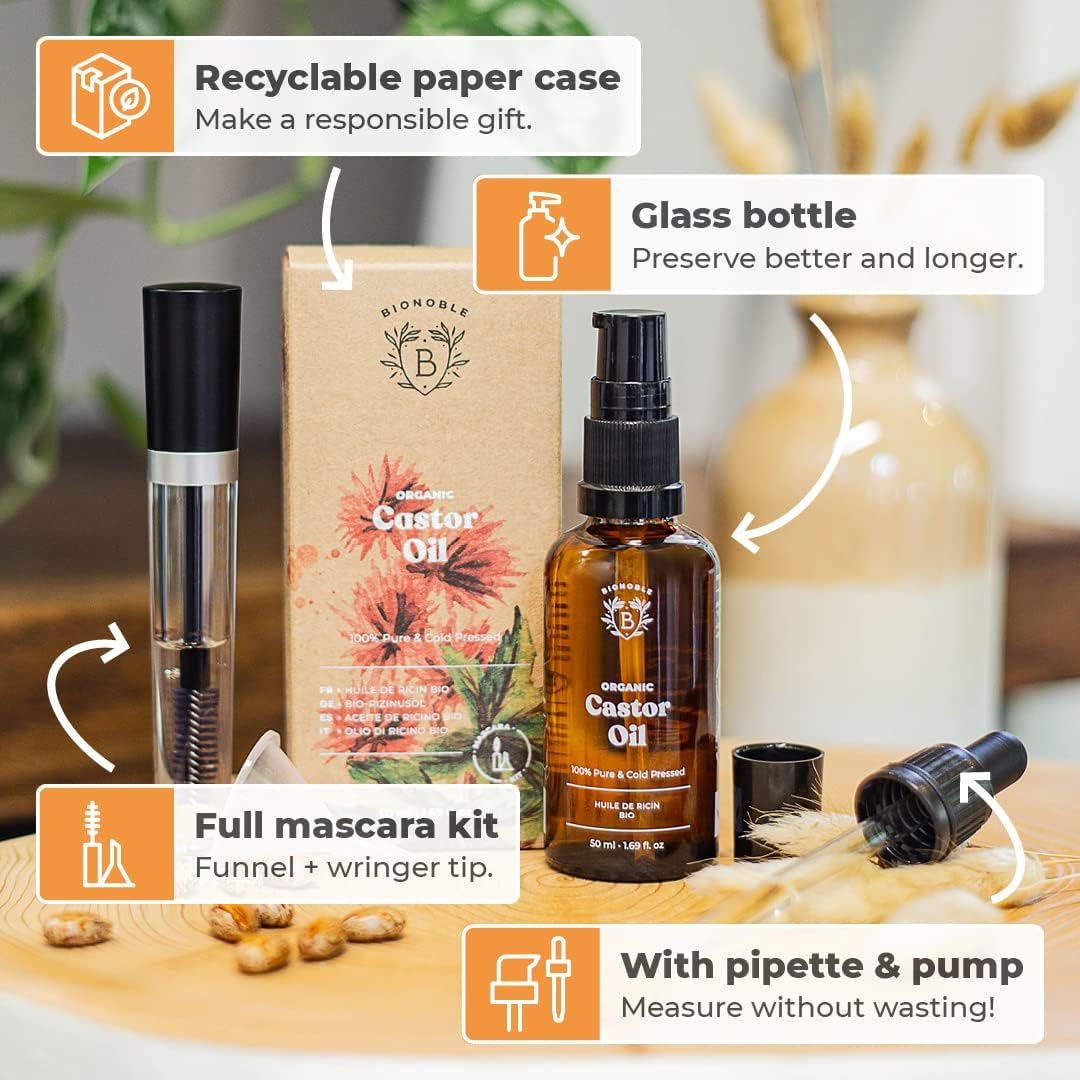 Bionoble Organic Castor Oil 50Ml - 100% Pure, Natural, Cold Pressed - Lashes, Eyebrows, Body, Hair, Beard, Nails - Vegan, Cruelty Free - Glass Bottle + Pipette + Pump + Mascara Kit image number 2