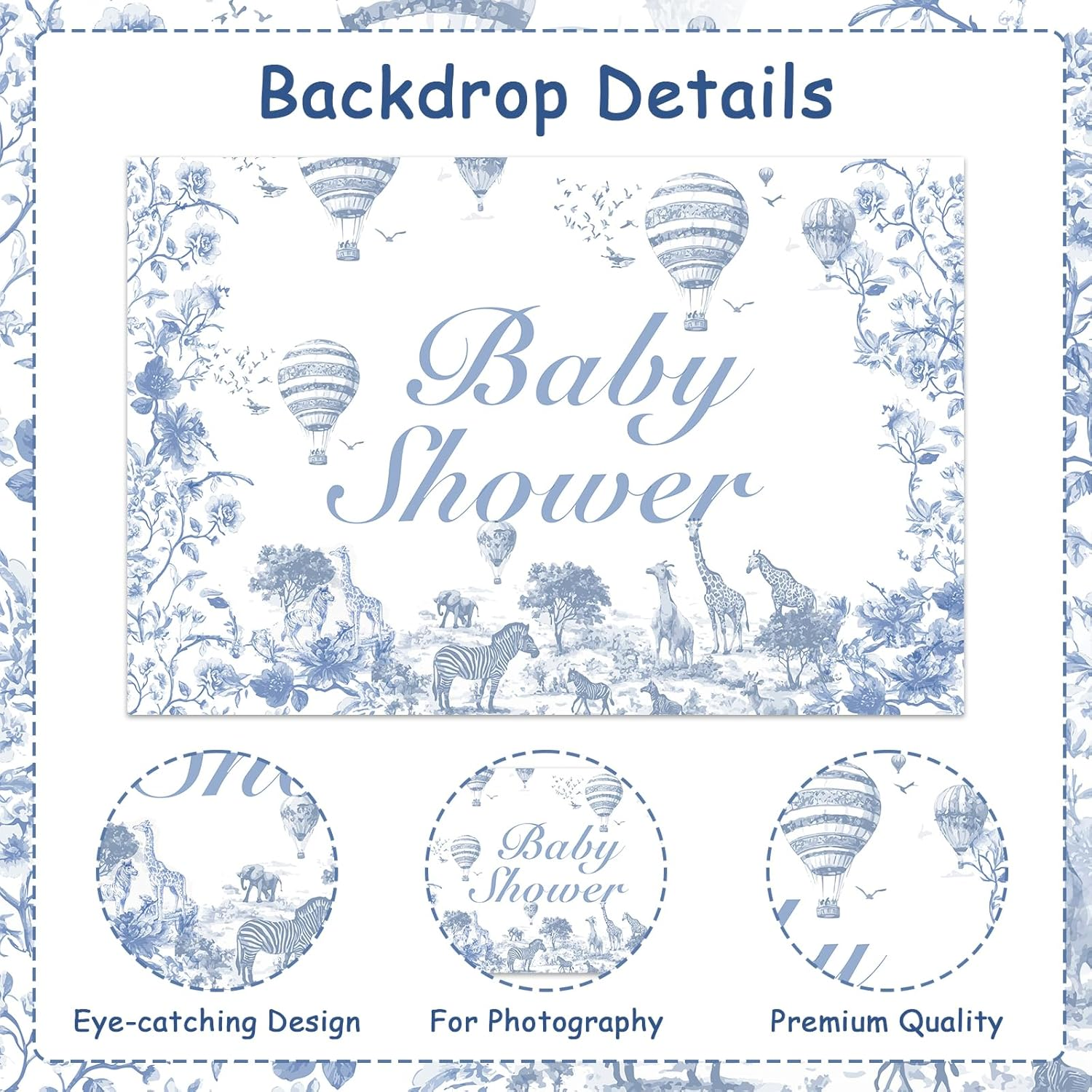 Wonmelody Jungle Safari Baby Shower Backdrop 5 * 3 Ft Dusty Blue Jungle Baby Shower Decor Chinoiserie Party Decor Jungle Animal Theme Giraffe Elephant for Chinoiserie Floral Baby Shower Birthday image number 1