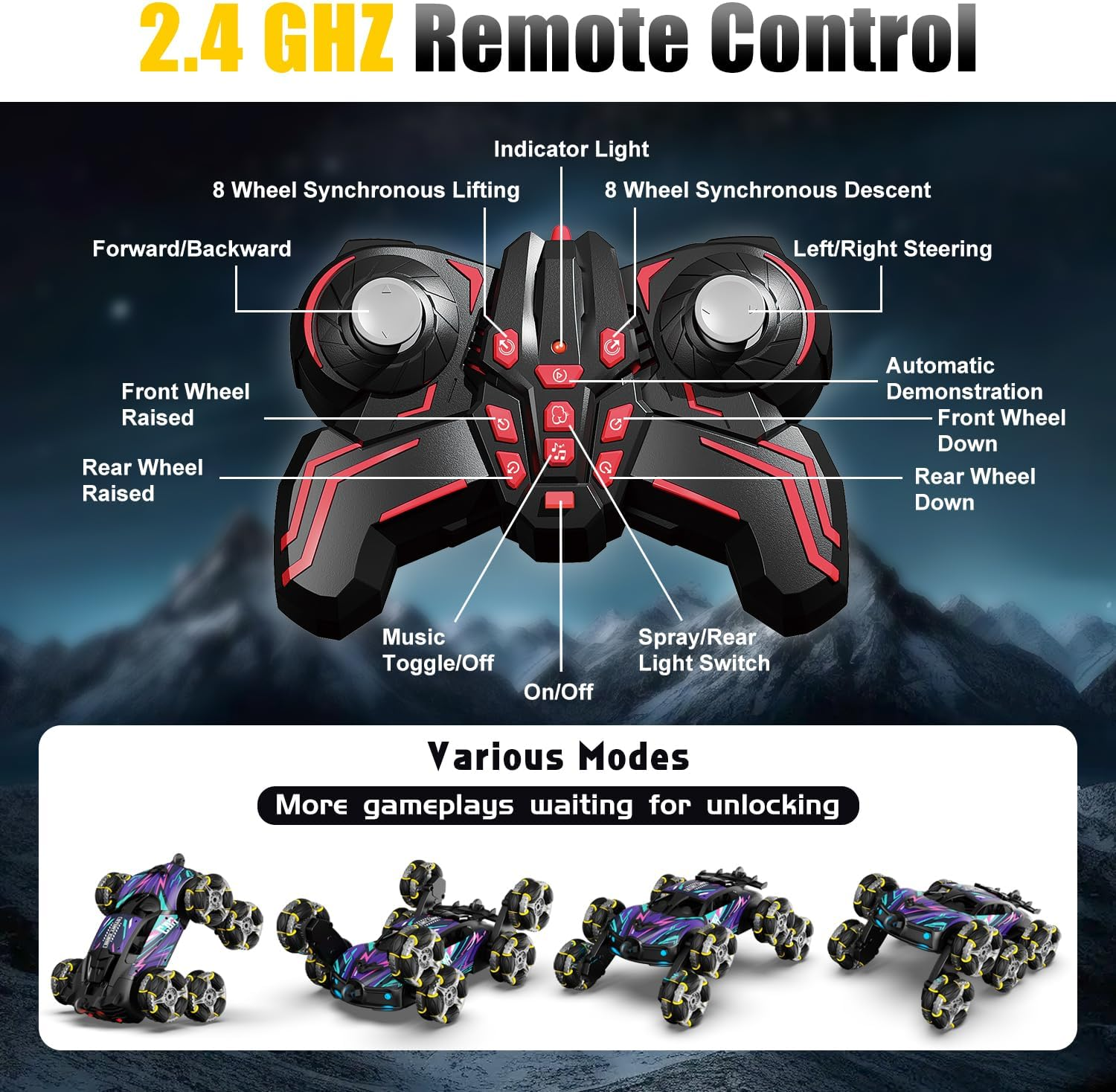 Lehoo Castle Remote Control Car, 8WD Stunt Car, 2.4Ghz Rc Car Climbing Car, 360&deg; Rotating Rechargeable Toy Car with Light, Toys for 8 Year Old Boy Gift image number 5