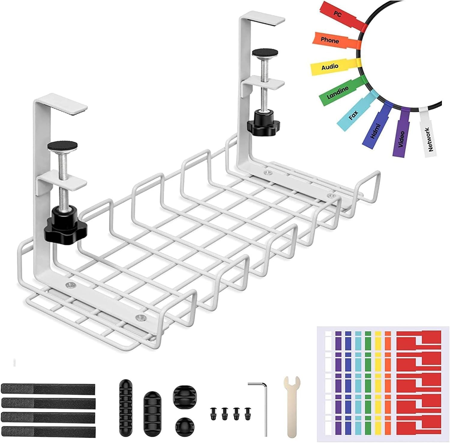 NOAEOU under Desk Cable Management Tray, Super Sturdy under Desk Wire Management Organizer,Clamp Install Metal Cord Management Rack,Perfect for Office Home,15.7In Cable Tray Basket (White)