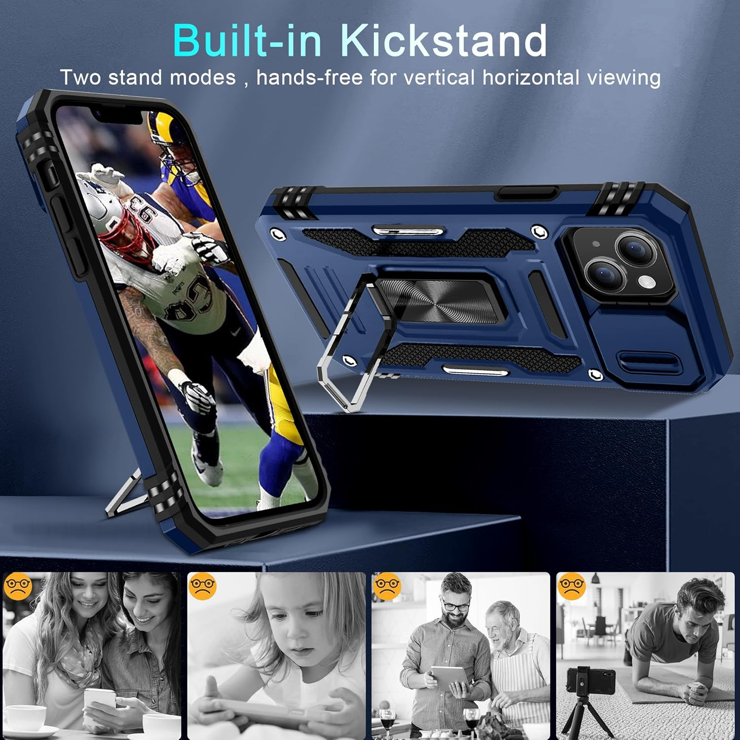 DEERLAMN Case for Iphone 13/Iphone 14 6.1-Inch with Slide Camera Cover+Screen Protector(2 Packs),Rotated Ring Kickstand Military Grade Shockproof Protective Cover-Navy Blue image number 4