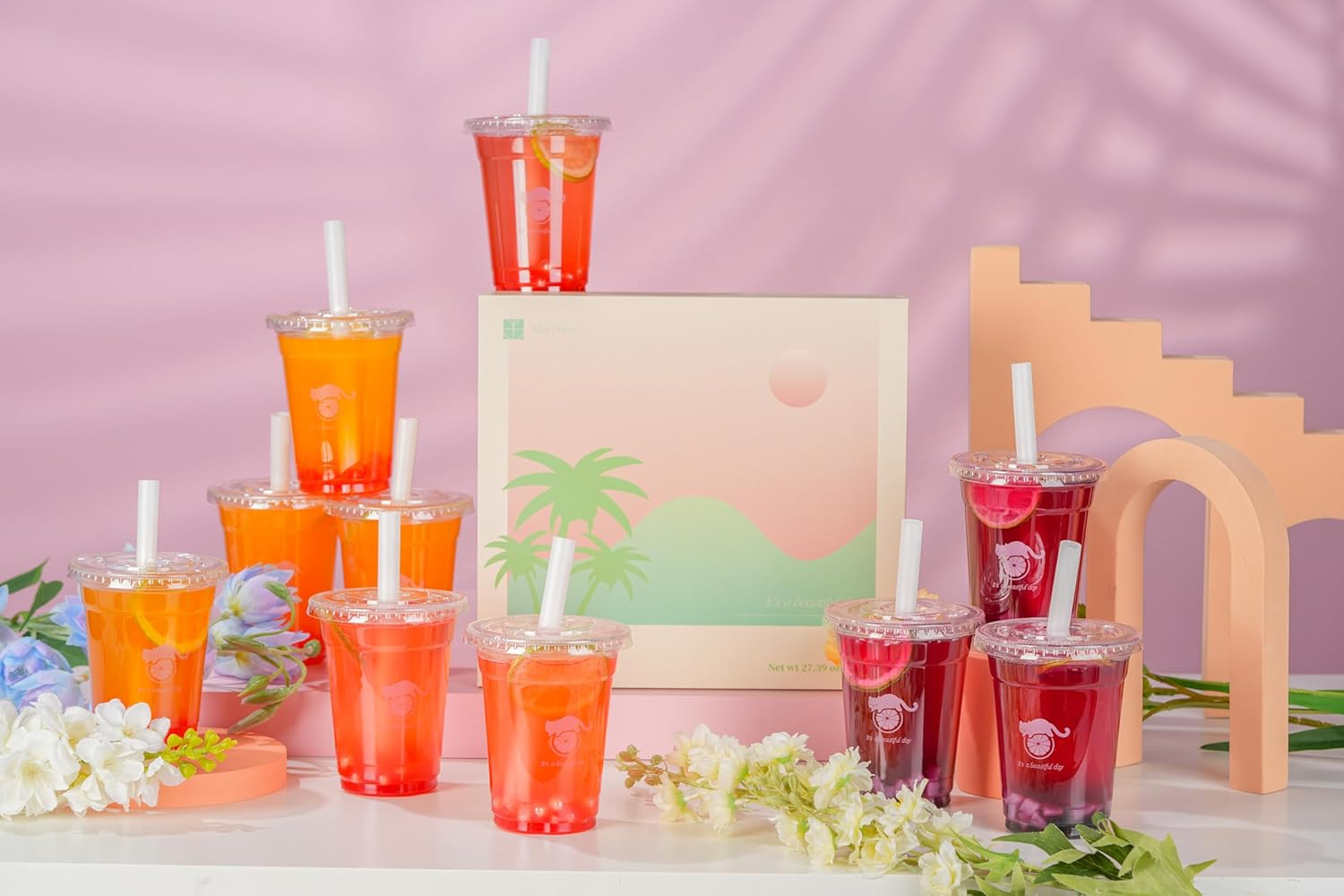 Boba Fruit Tea Kit for Party, 10 Drinks, Natural Tea&Vitamin C Based, Lychee & White Peach with Popping Boba, Grapefruit & Guava with Nata De Coco, Grape Syrup with Crystal Boba Jelly image number 1
