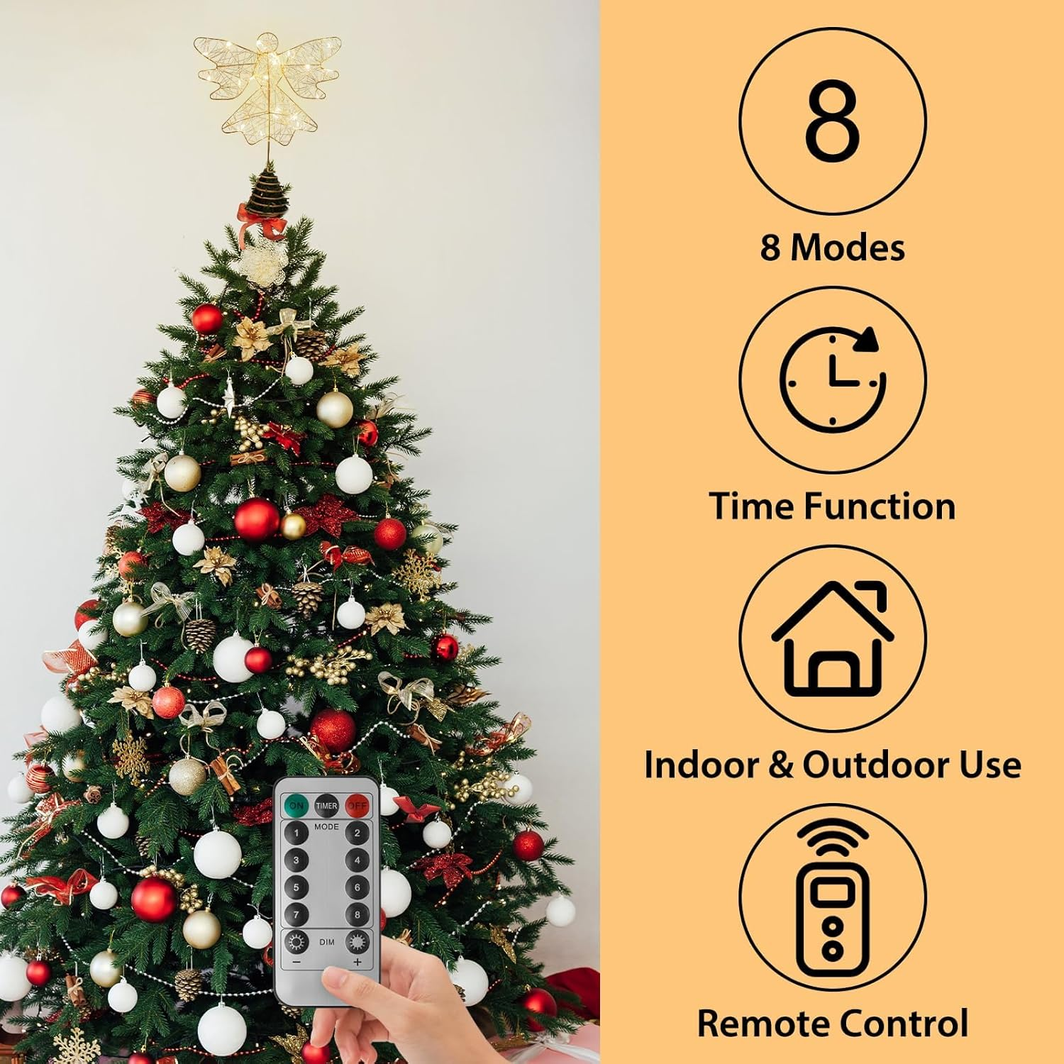 Augshy Gold Christmas Tree Topper Star with 20 Warm White LED Lights and Pearl Beads, Remote Control Star Tree Topper for Christmas Tree Decorations and Xmas Holiday D&eacute;cor (Gold Pearl Angel 20 LED) image number 2