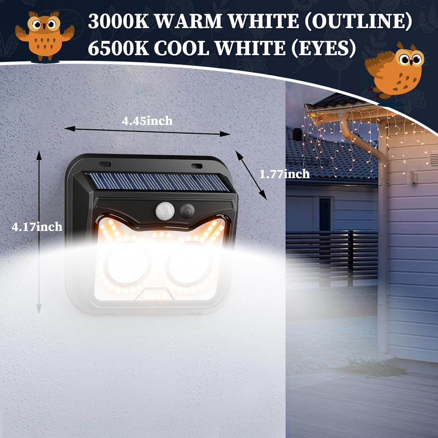 Solar Motion Sensor Lights Outdoor, Owl Shaped Warm White Waterproof Solar Powered Wall Lights, 3 Lighting Modes Security Flood Lights for outside Deck, Fence, Yard, Garden, Step, Porch, Door -6 Pack image number 3