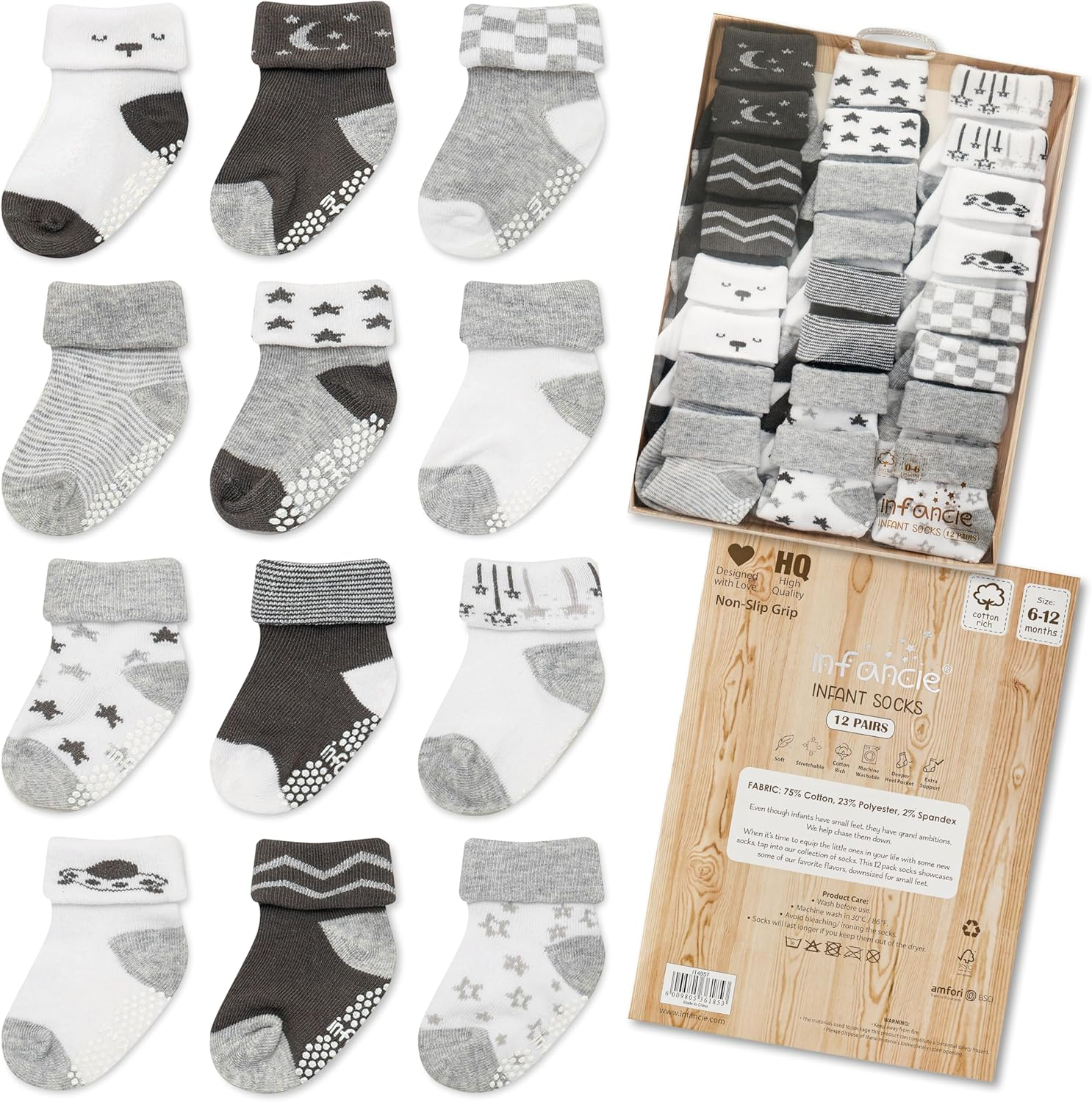 Baby Socks With/Gripper | Safe Walking Non-Slip Sole | Stay-In-Place Ribbed Cuffs Unisex