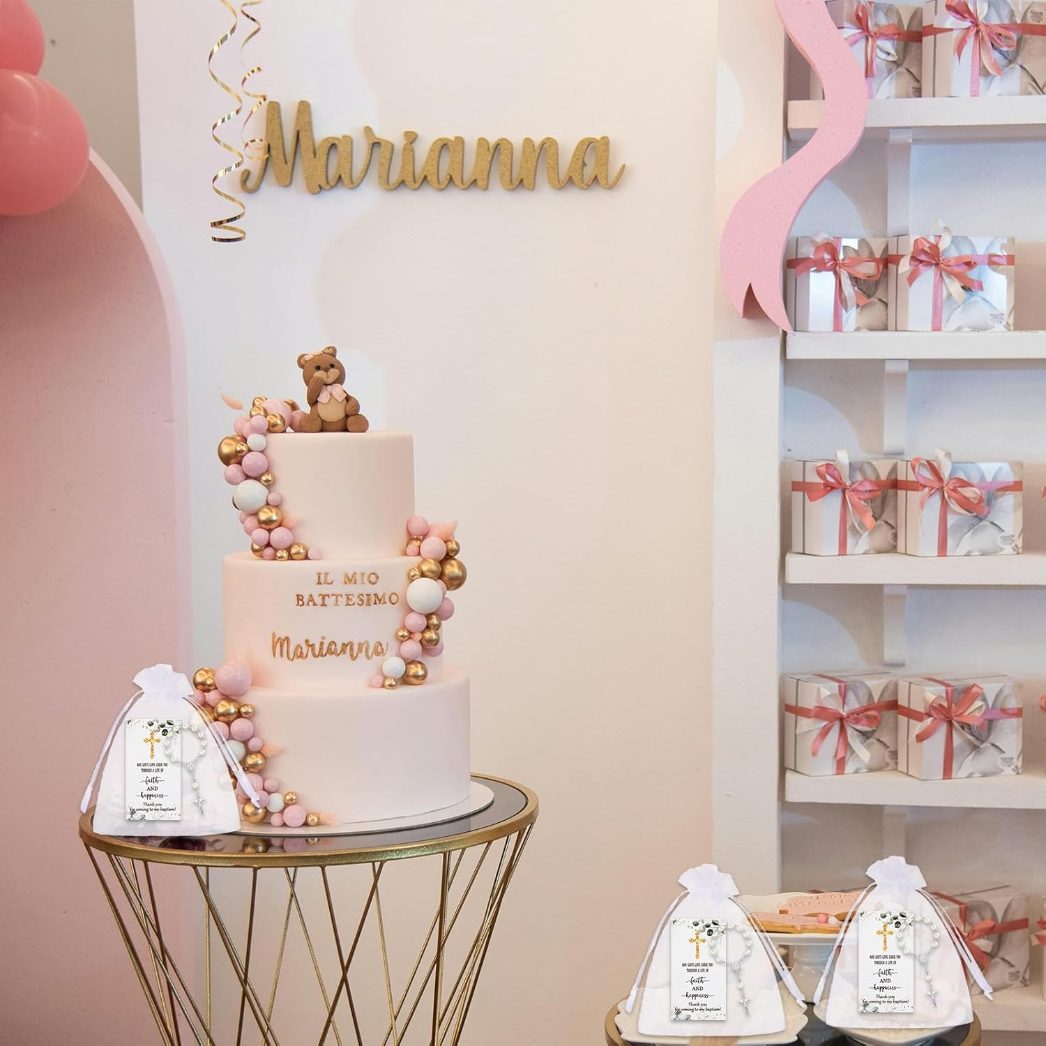 50 Sets Baptism Favors for Guests Acrylic Rosary Beads Faux Pearls Organza Gift Bags Thank You Cards Silver Angel Charm Keychain for Baptism Christening First Communion Party Supplies (Silver) image number 3