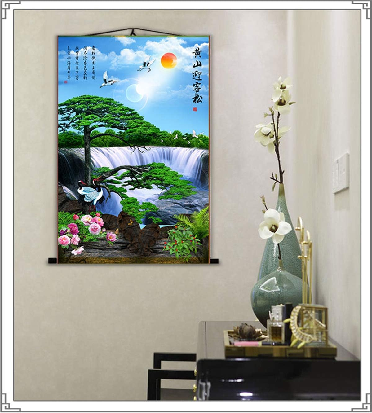 Zzooi Chinese Lucky Fengshui Painting Waterfall Golden Carps Wall Art Hanging Silk Painting Scroll,Feng Shui Decor - Golden image number 2