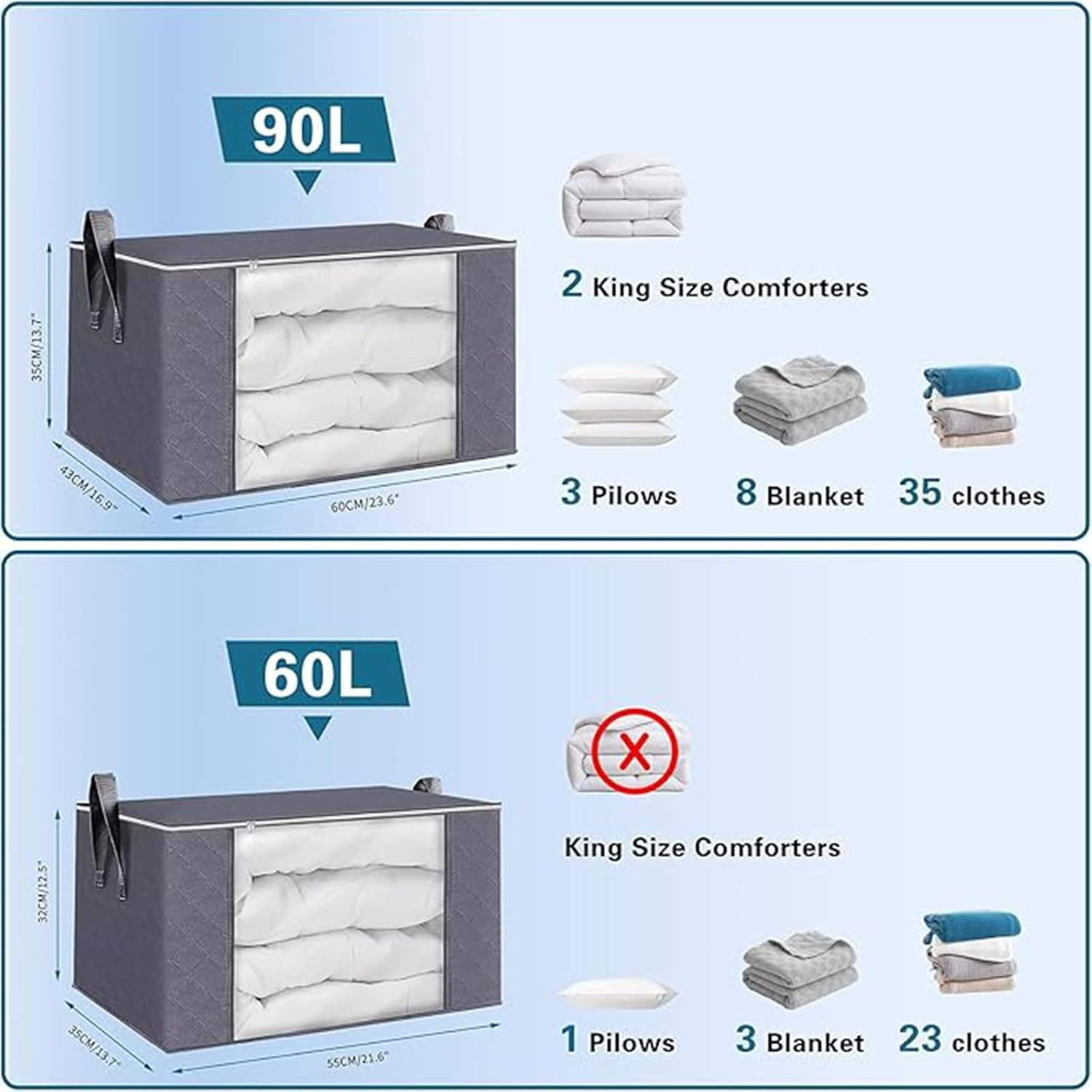90L Large Storage Bags, 6 Pack Closet Organizers and Storage, Clothes Foldable Storage Bins with Reinforced Handles,Clear Window Sturdy Storage Containers for Clothing, Blanket, Comforters,Bedding image number 4