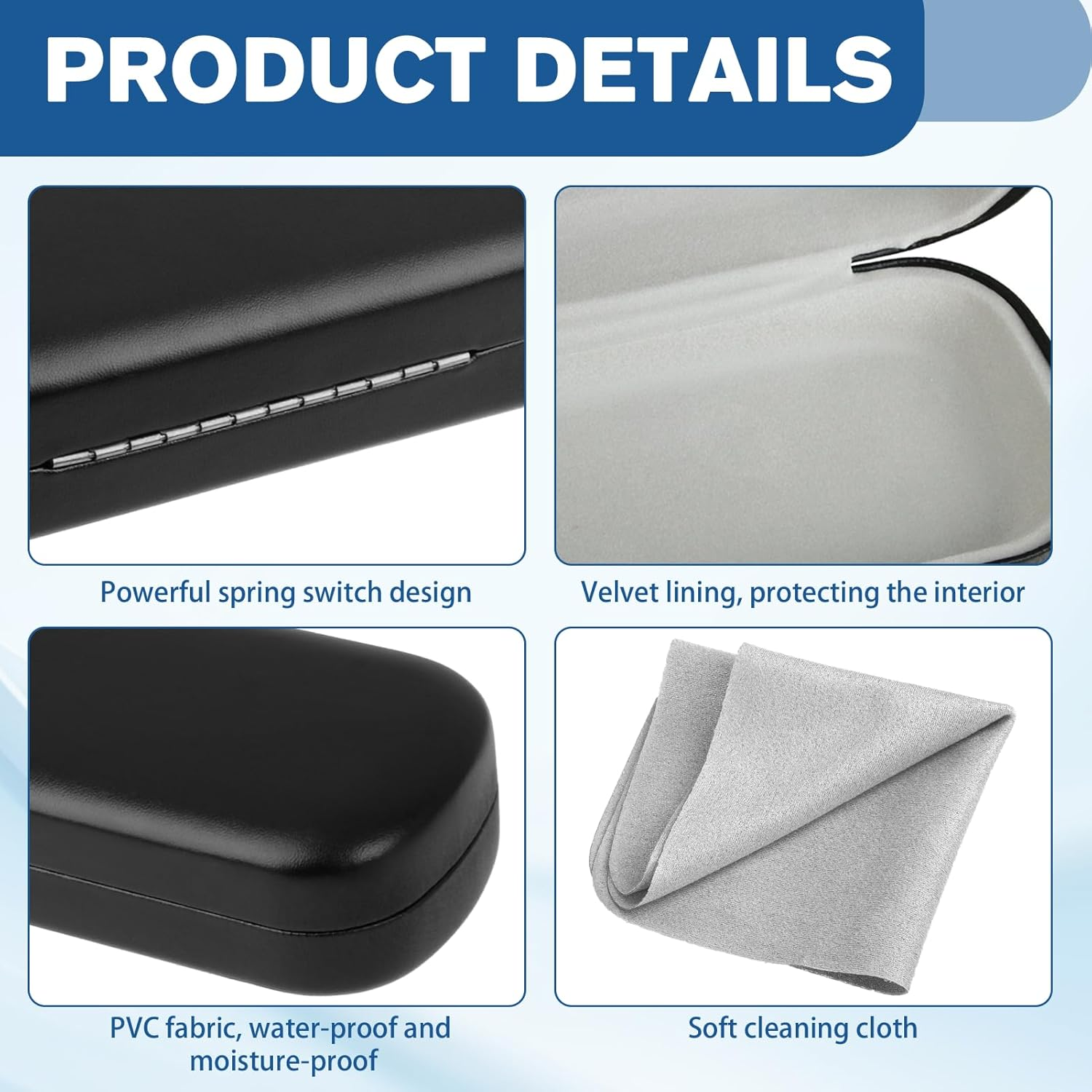 Black Glasses Case, Large Hard Shell Eyeglasses Case with PU Leather Cover, Durable Protective Case for Men & Women, Fits Sunglasses &  Glasses, Includes Soft Grey Cleaning Cloth image number 4