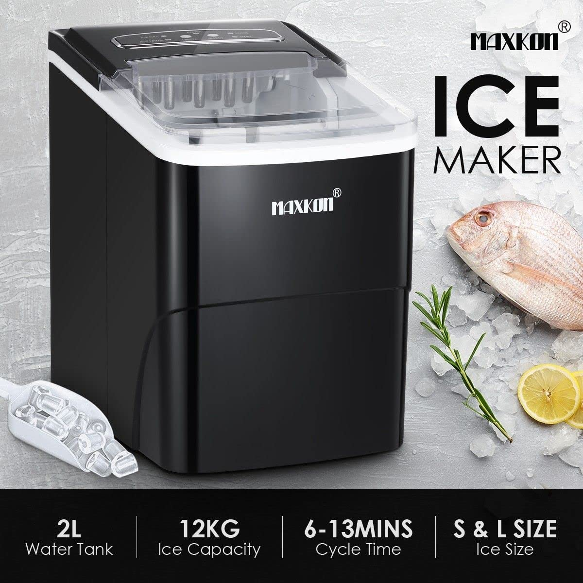 Maxkon Portable Ice Maker Countertop - 9 Cubes in 6 Mins, 12Kgs in 24Hrs, Self-Cleaning Machine with Scoop and Basket, 2 Sizes of Bullet Ice for Home, Kitchen, Office, Bar, Party