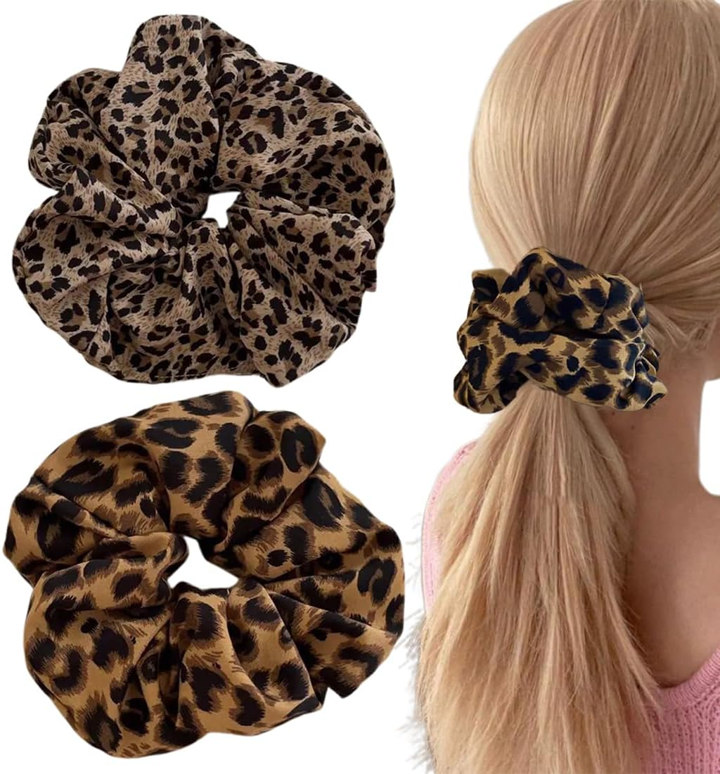 Pack of 2 Scrunchies, Hair Bands, Black and Leopard, Hair Bands for Girls and Women, Silk Scrunchie, Silk Hair Scrunchie image number 3