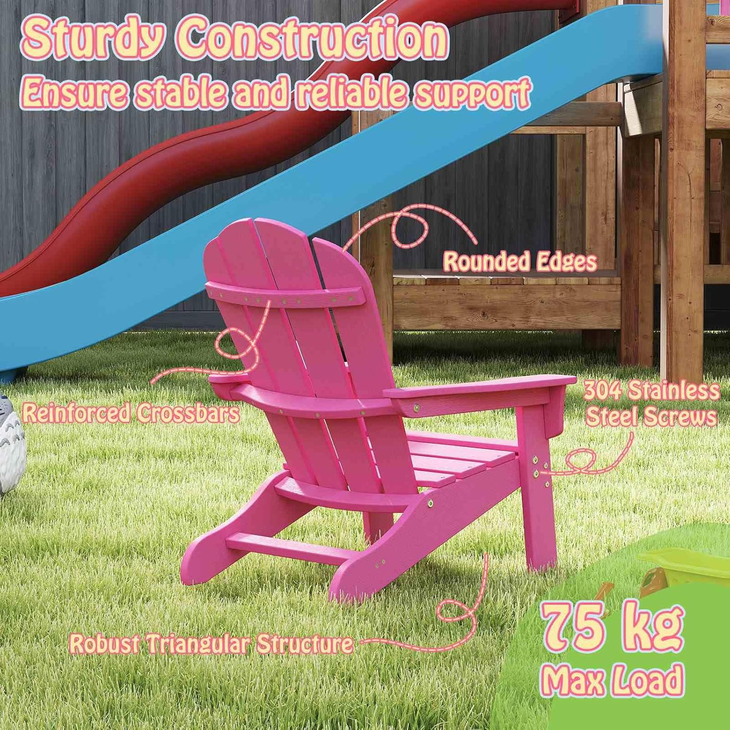 Costway Kid'S Adirondack Chair, All-Weather HDPE Toddler Lawn Chair with Ergonomic Design, Kid'S Outdoor Patio Furniture for Toddlers Boys Girls Ages 3-8 Years Old (Pink)