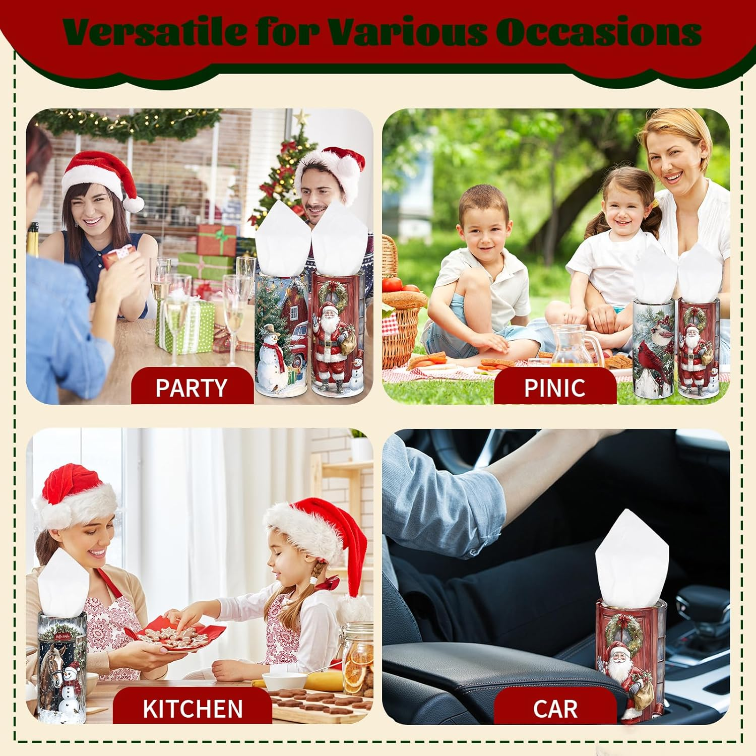4 Pcs Christmas Car Tissue Holders with Facial Tissues, round Boxes with Festive Santa, Cardinal, Horse, and Snowman Designs, Winter Holiday Essentials for Car, Home, and Office - Style C image number 5