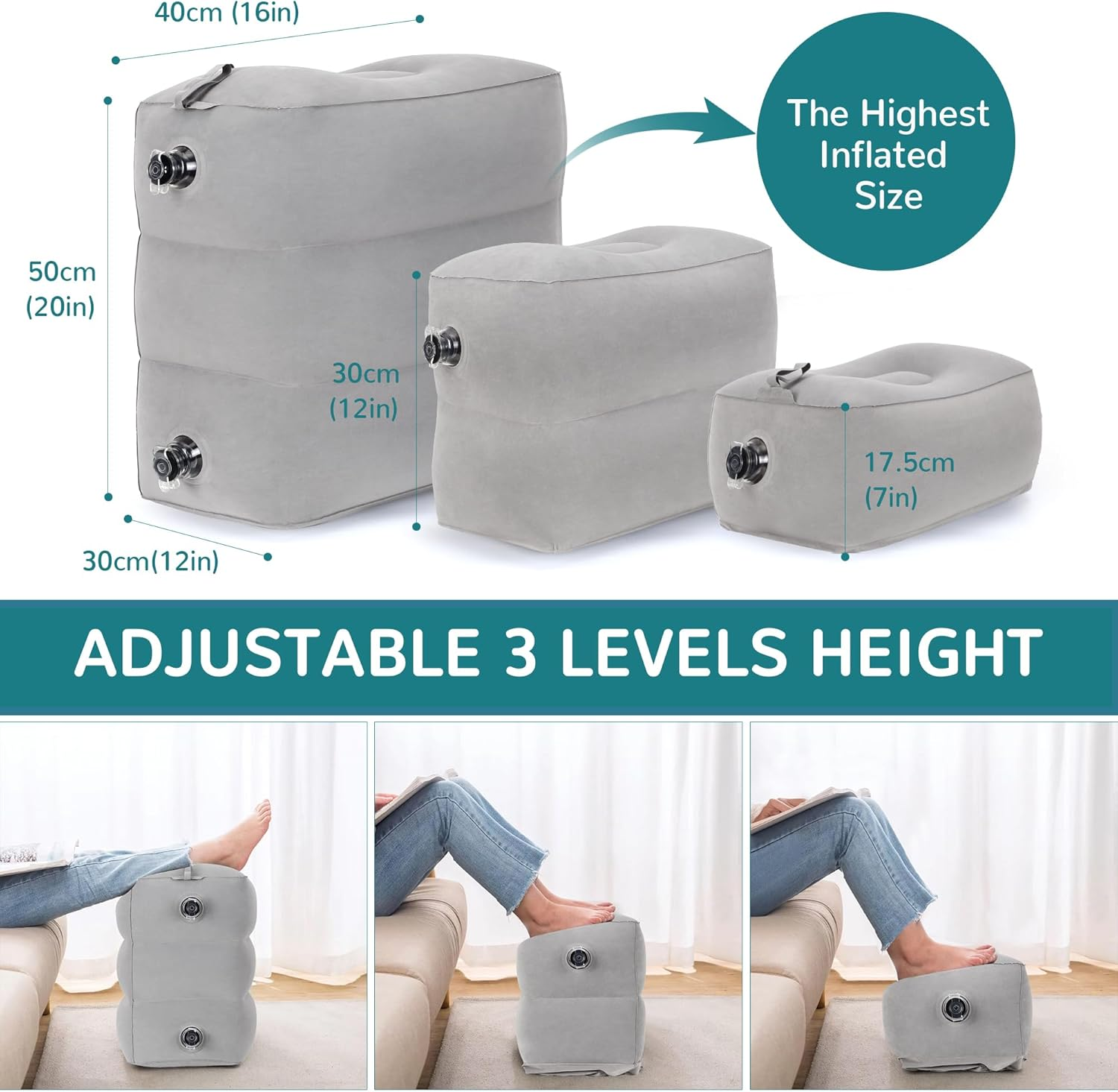 Inflatable Travel Foot Rest Pillow, Adjustable 3 Layers Height Leg Rest Pillow, Airplane Bed, Adults Travel Essentials on Plane, Trains, Cars, Office, Home (Grey, 1 PC) image number 3