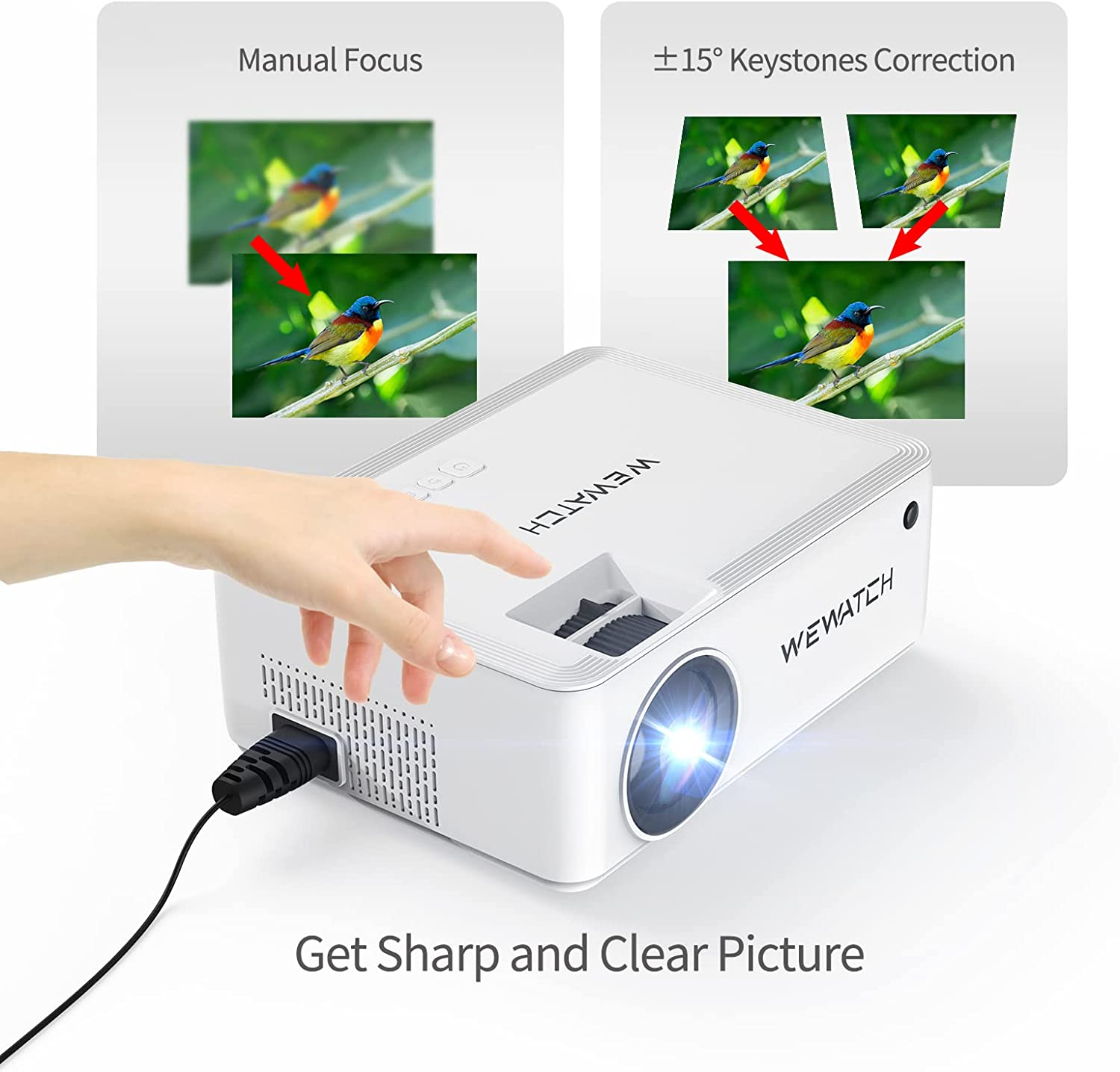 Wifi Mini Projector, WEWATCH 8500 Lumens Movie Projector, 1080P Full HD, 260" Projection Size, Portable Video Projector for Outdoor Use, Compatible with TV Stick, HDMI, USB, Ios Android Phone image number 2