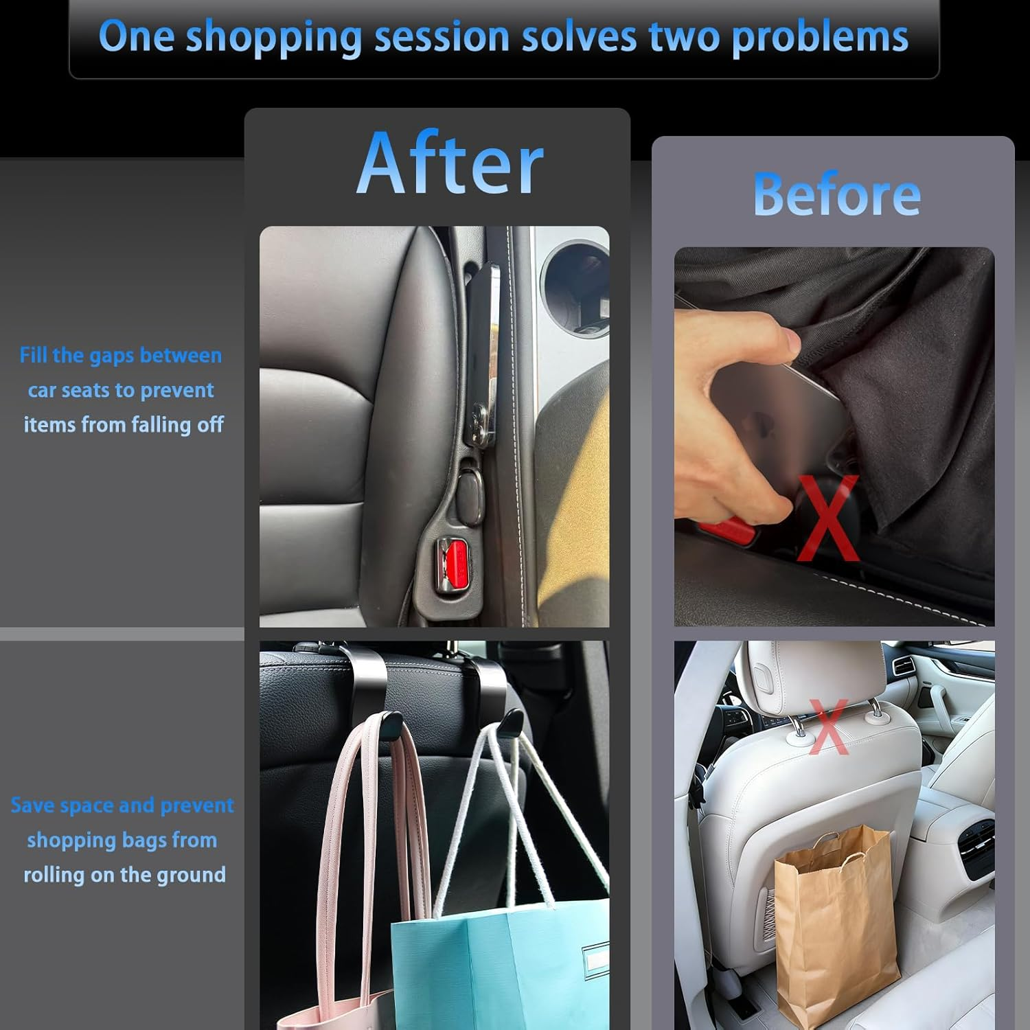 Upgraded 2Pcs Car Seat Gap Filler with 4 Headrest Hooks, Universal Fit Side Gap Filler for Car, SUV, 4WD | Car Accessories Interior Organiser for Phone, Keys-Stops Items Falling into Gap Seat Console image number 1