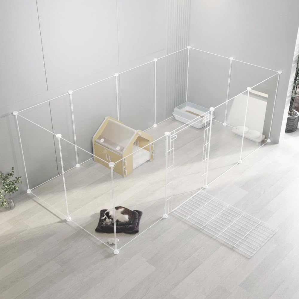 Transparent Clear Pet Dog Playpen, Guinea Pig Cages, Puppy Dog Playpen, Pet Playpen, Rabbit Bunny Indoor Fence Pen Enclosure, White Clear Plastic Playpen (Transparent -12 Panels(Contain 1 Door))