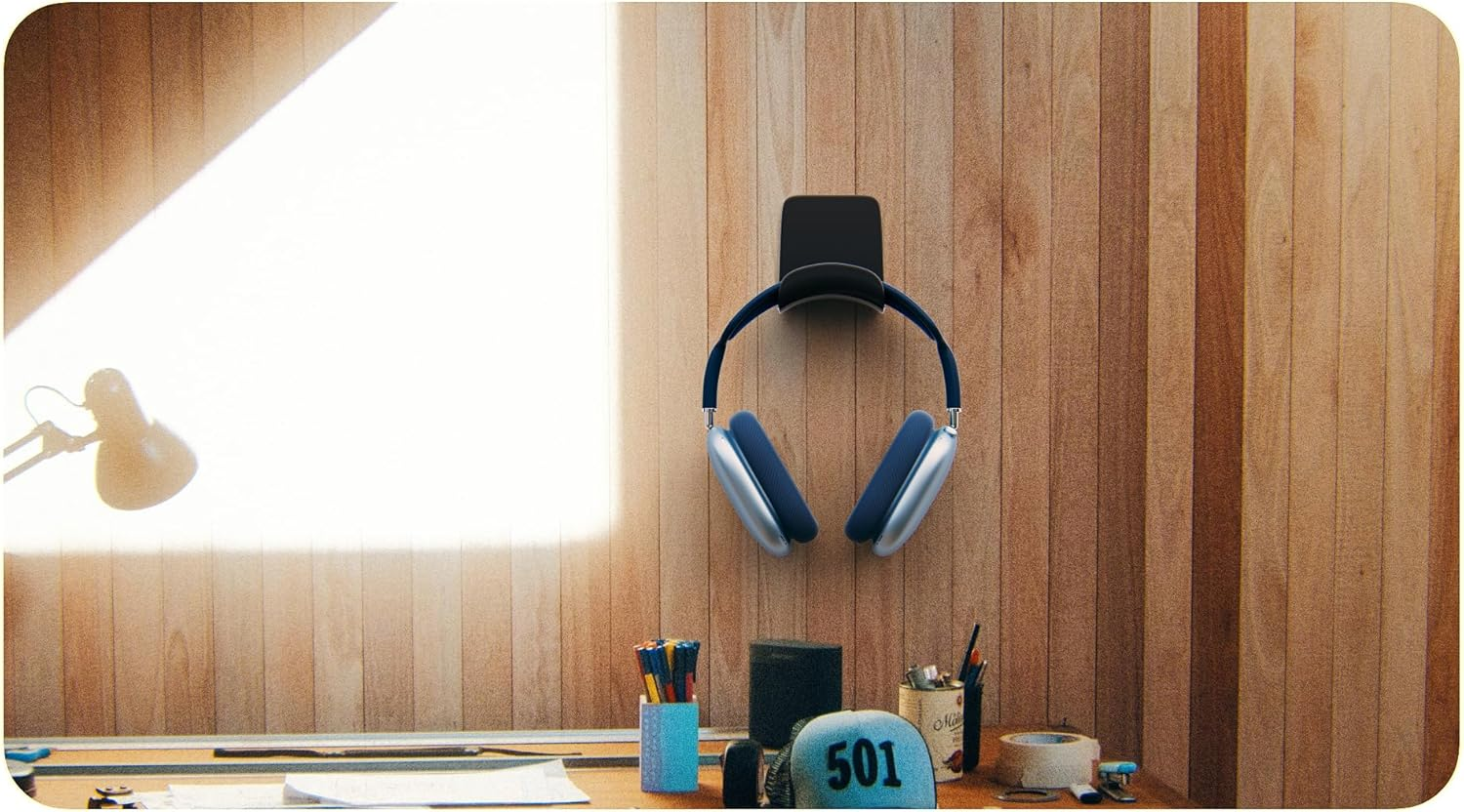 ME-E Mini Headphone Stand for Desk &ndash; under Desk Headset Wall Mount with Strong Adhesive Hook, Compatible with Airpods Max &Most Headphone/Controller (Wall Mount/Blue) image number 2