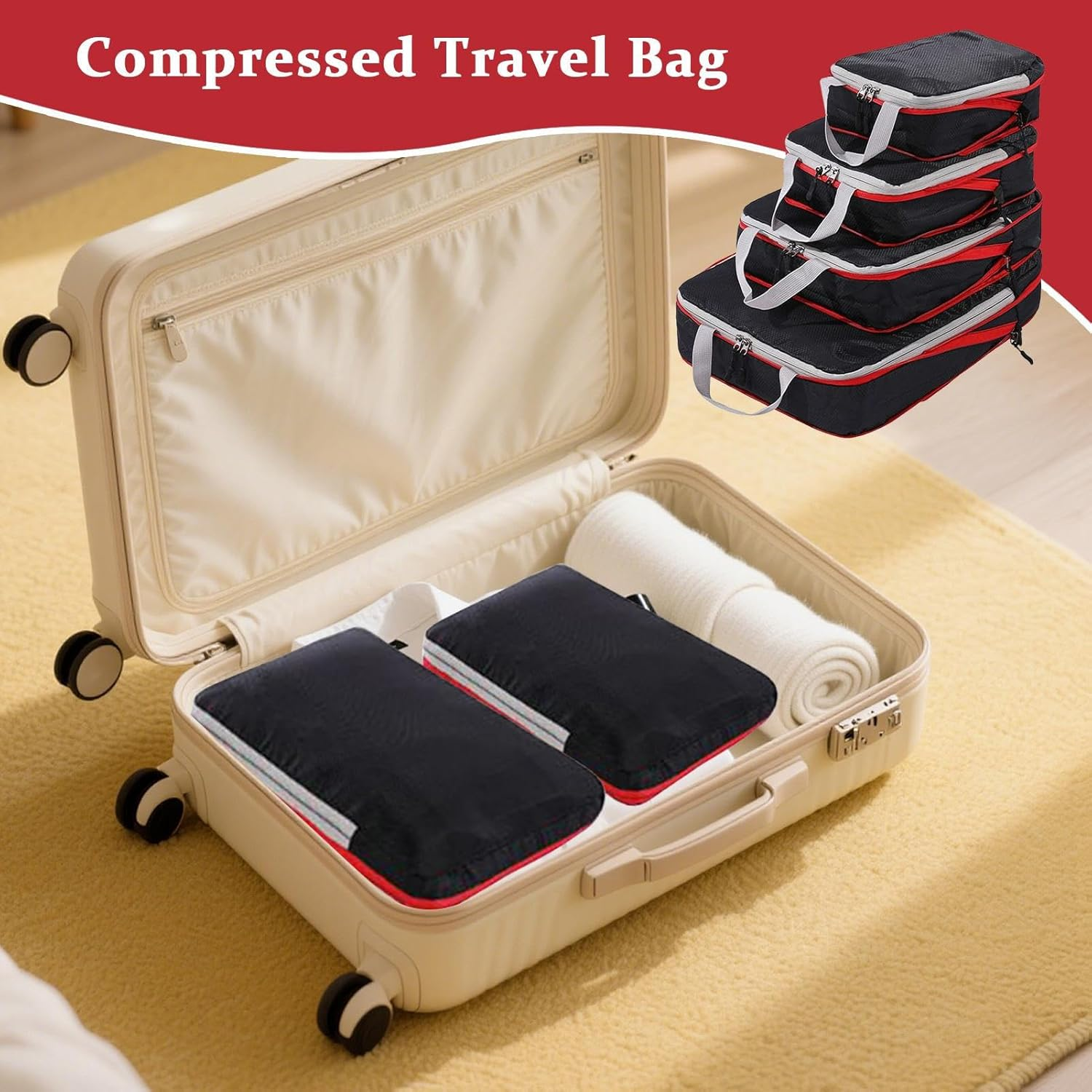 Lisutupode Compression Packing Cubes | Travel Compression Bags for Packing - Luggage Bags Organizer for Cruise Vacation Moving House Dorm Camping Business Trip College image number 2