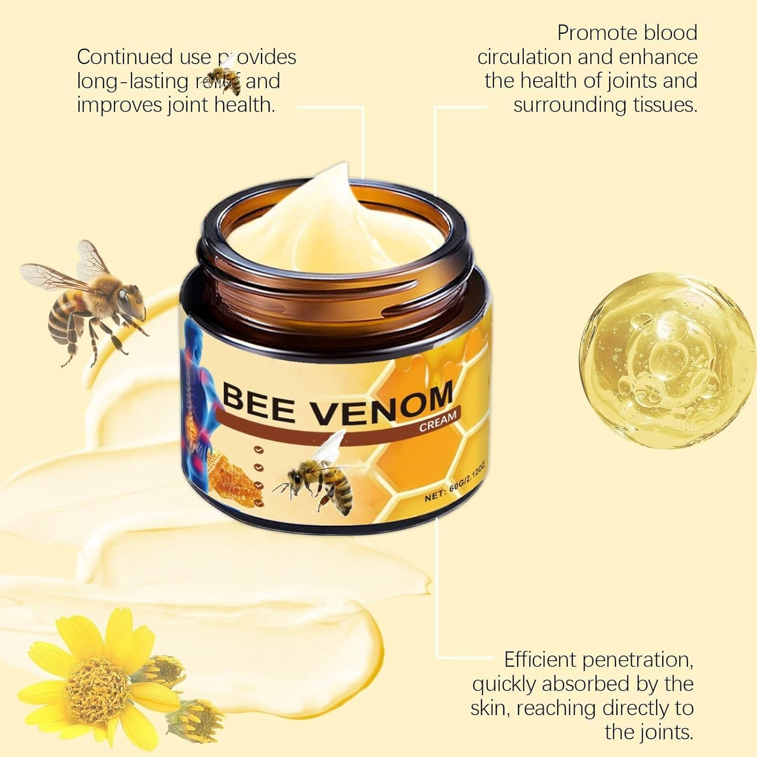 Bee Venom Joint Gel, Professional Bee Venom Ointment,Bee Venom Cream,Bee Venom Joint and Bone Cream for Back, Knee, Hands, Neck, Feet -60G (2PACK) image number 3