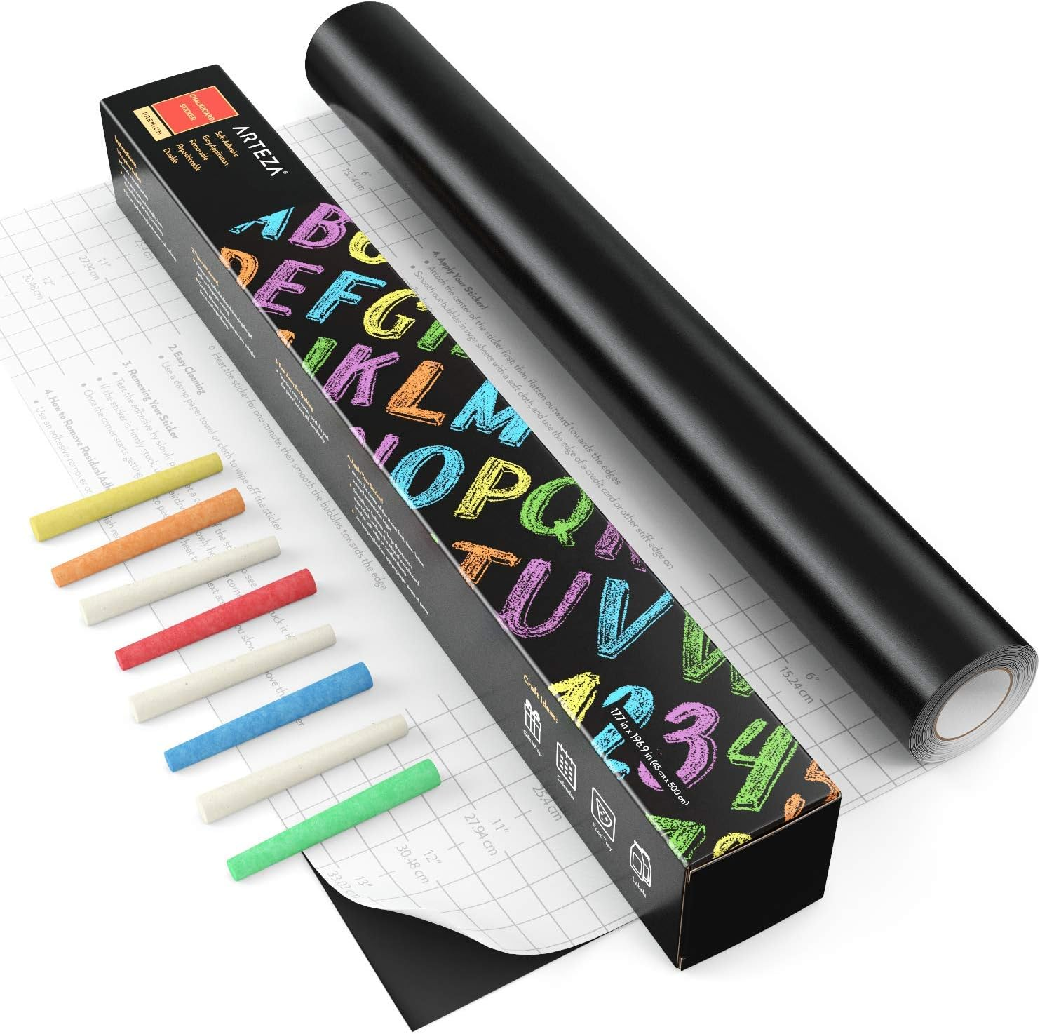 ARTEZA Chalk Board Sticker for Wall 16 Feet (17.7&rdquo;X196.9&rdquo;) - 8 Chalks - Strong Hold - Self Adhesive Chalkboard Contact Paper for Kids, Home Office
