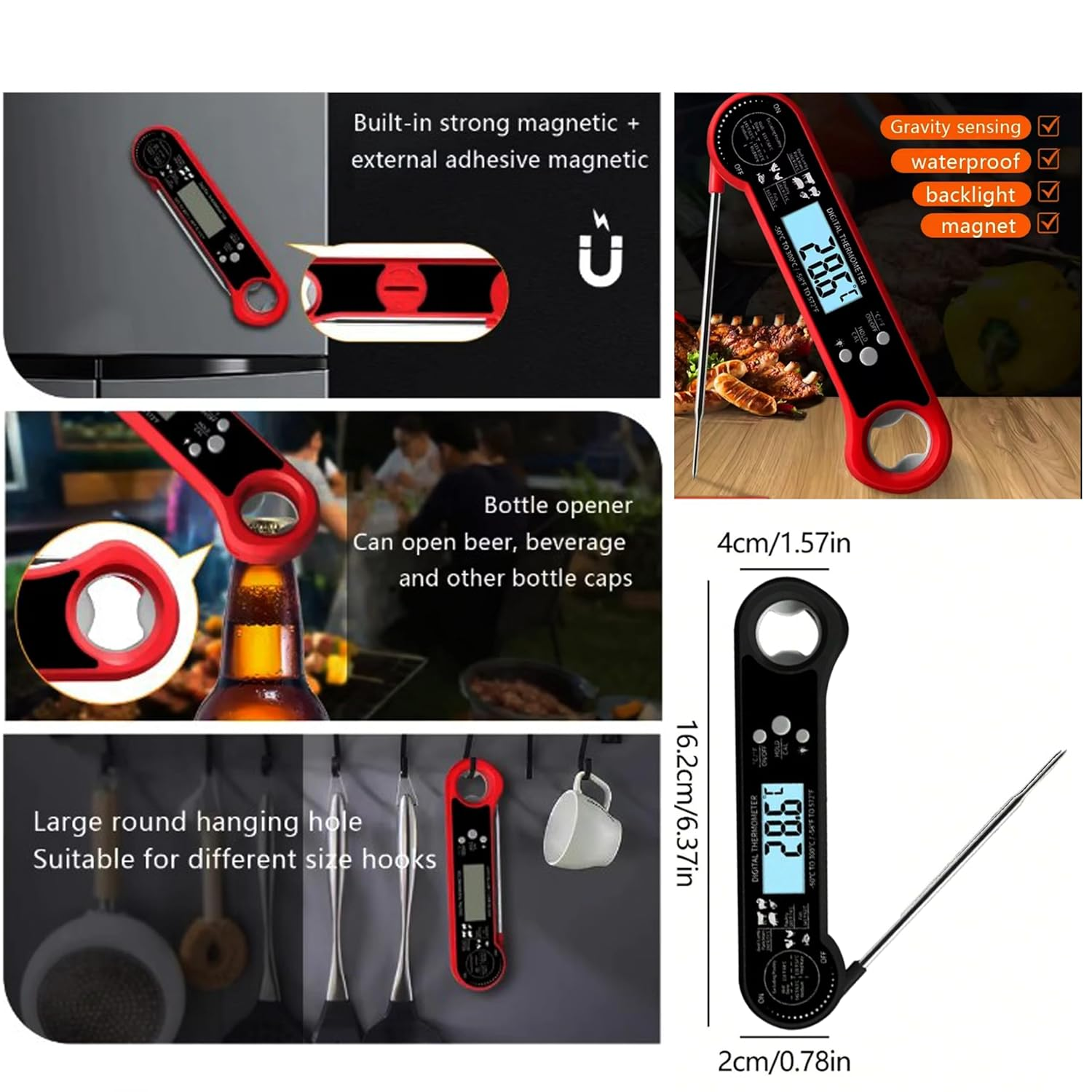 JOLLY GADGETS Instant Read Digital Meat Thermometer &ndash; Waterproof, Fast & Accurate with Backlight Display and Wide Temperature Range for Cooking, Grilling, Frying, and Baking - Red image number 2