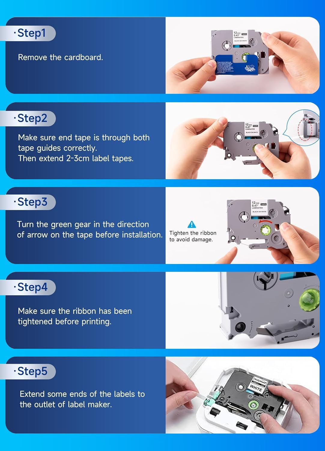 TCZ-231 Multi Color Label Tape Compatible with Brother P-Touch PT-H100 PT-E100 PT-D200, Black on Clear, 12Mm 0.47 Inch, 8M per Tape, 5 Pack, White/Red/Blue/Yellow/Green image number 2