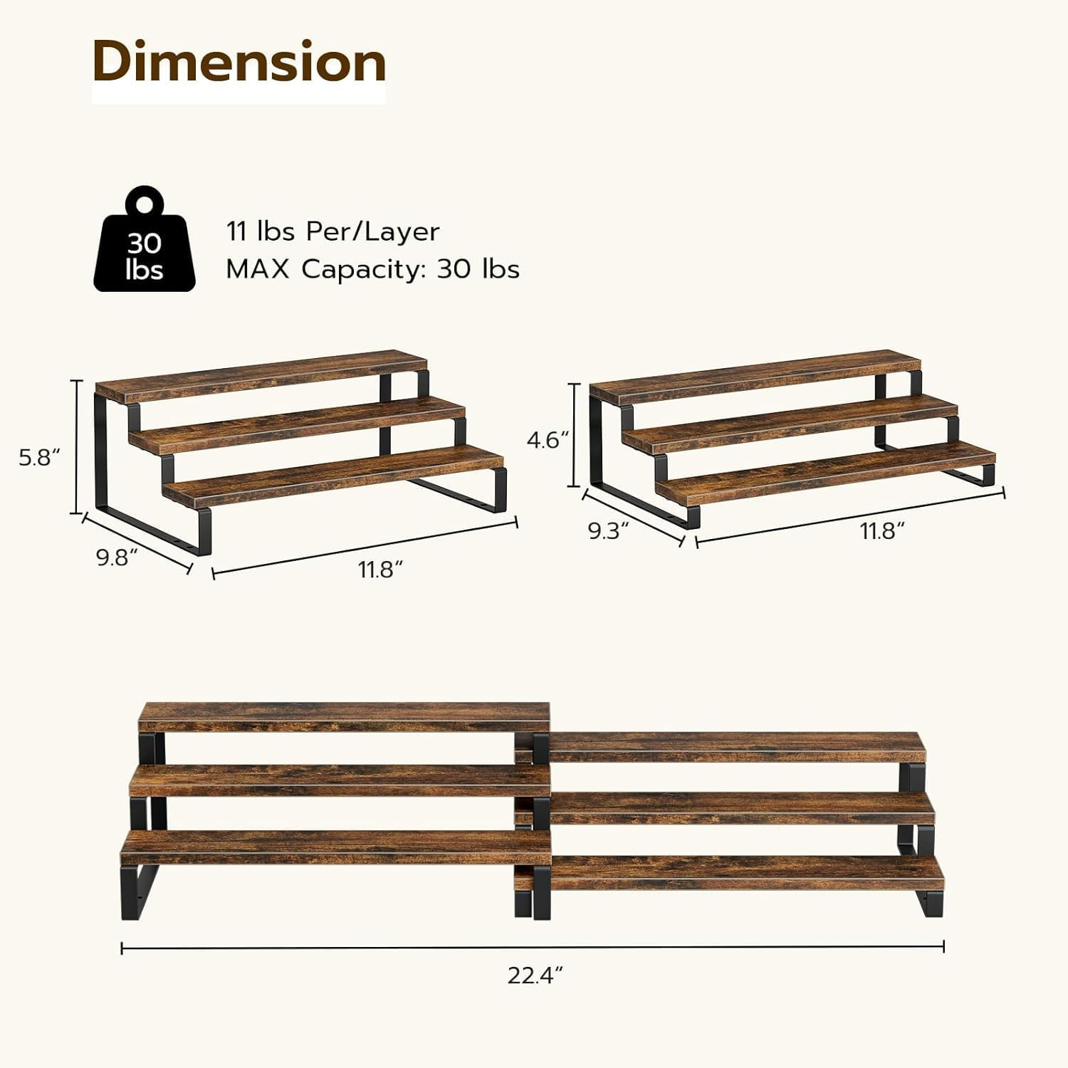 3-Tier Spice Rack Organiser, Kitchen Cabinet Shelf with Wood and Metal Design, 30 Cm Wide, Set of 2, Rustic Brown image number 4
