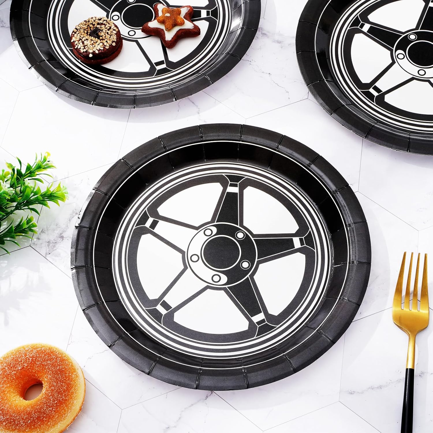 Jarthenaamcs Racing Car Plates Car Wheel Disposable Paper Plates Black White Dinner Plates 9 Inch Dessert Plates for Party Supplies Table Decor, 24Pcs