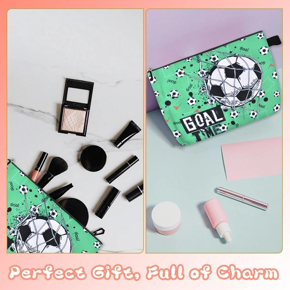 Soccer Makeup Bag Sports Cosmetic Pouch for Soccer Player Lover Goal Football Design Green Canvas Travel Toiletry Bag for Women Men Team Inspirational Christmas Birthday Gift image number 5