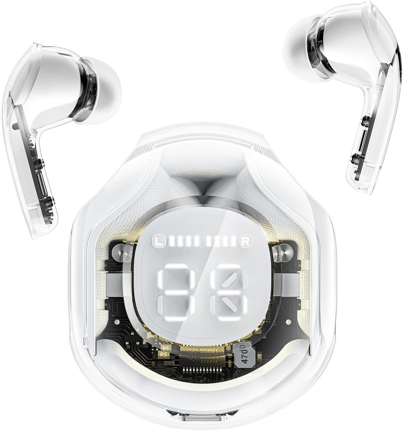 Clear Beat Wireless Headphones Bluetooth 5.3, Transparent Design, Crystal Clear Sound, IPX4 Waterproof, Protective Case with Smartphone Charging, Built-In Microphone, Running Time 2-3 Hours, USB-C image number 2