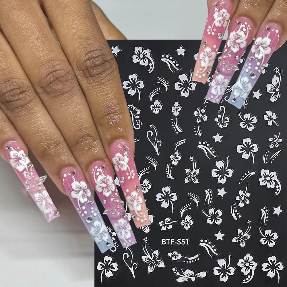 6Sheets Hibiscus Flowers Nail Stickers, 3D Self-Adhesive White Pink Gold Flower Pattern Nail Decals Manicure Tropical Accessories for Women Girls image number 6