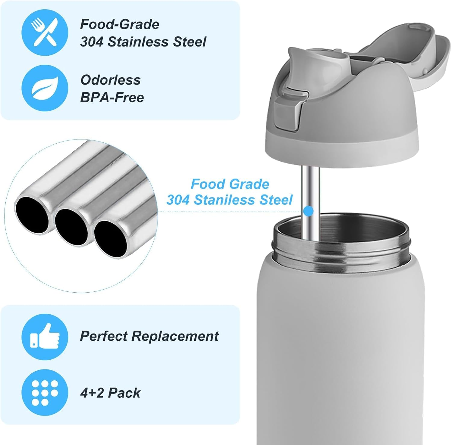 4Pcs Replacement Stainless Steel Straws Compatible with Owala Water Bottle 24Oz 32Oz Reusable Straws with 2 Cleaning Brushes Metal Straw Replacement Compatible with Owala Freesip (21Cm for 24-32Oz) image number 3