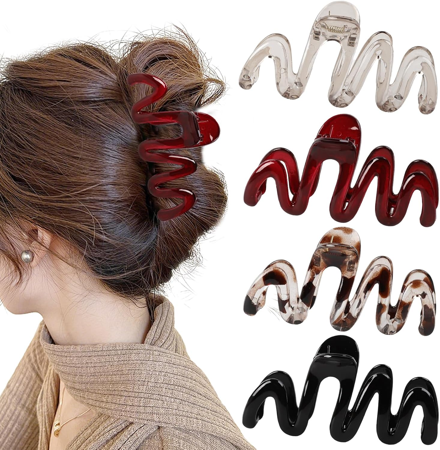 Pack of 4 Large Wavy Hair Clips, Large, 10.5 X 12 Cm, Claw Clip, Non-Slip Hair Clips, Women, Vintage Simple Hair Clip, for Women, Girls, Thick, Thin, Long Hair image number 2
