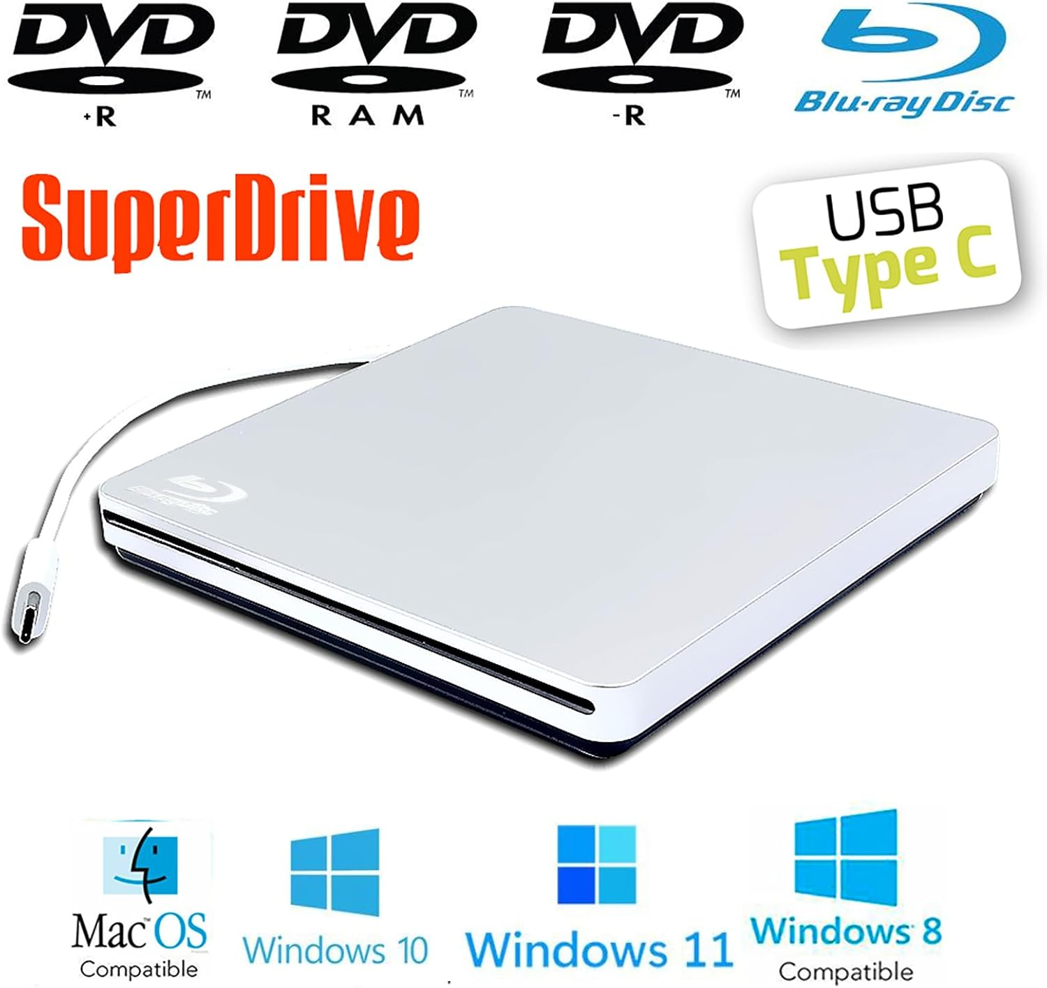 USB-C External USB Superdrive for Mac CD DVD BD Blu-Ray Burner Player, for Apple Macbook Pro M1 M3 14 2017 16 2020 2019 2023 2015 2022 2018 M2 Inch Laptop, BD-RE DL 8X DVD+-R/RW Optical Drive, Silver image number 3