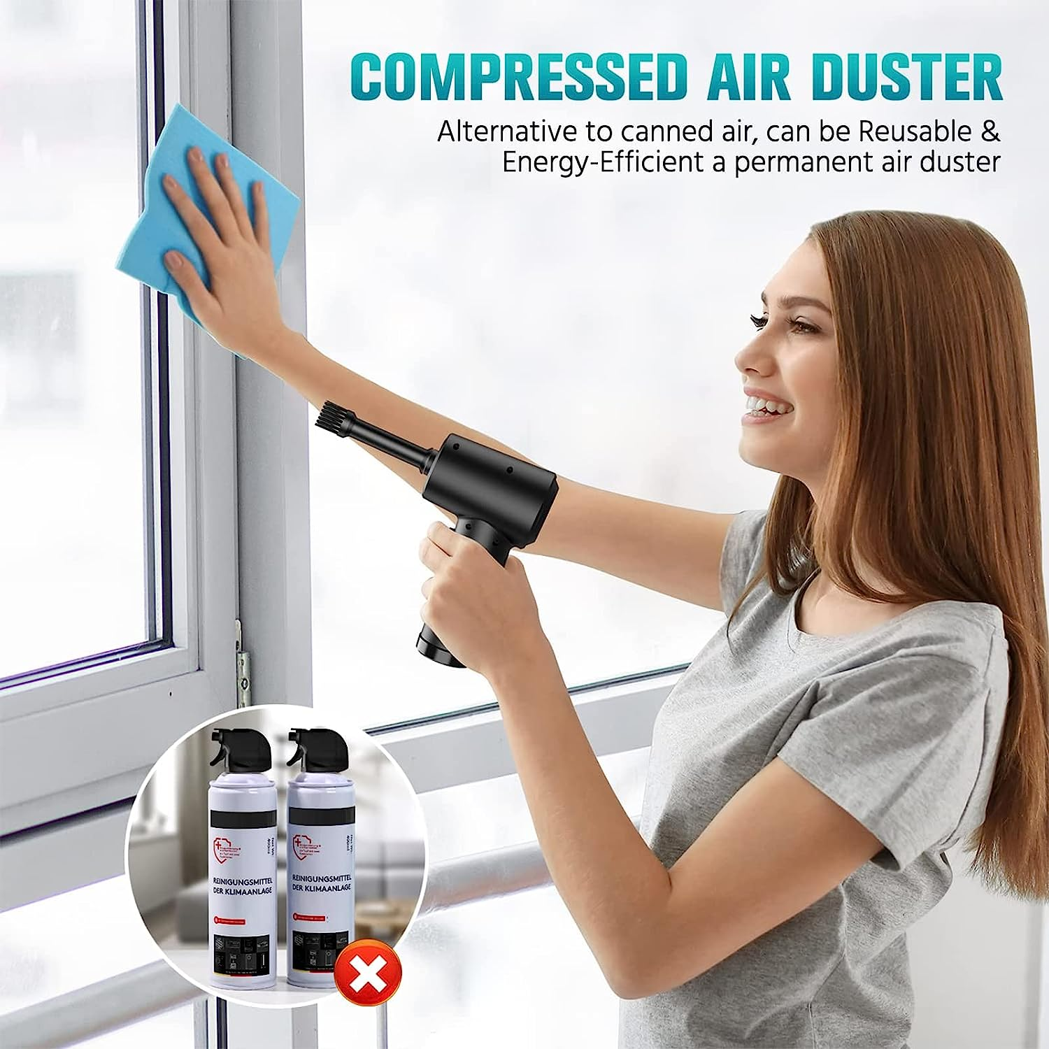 Compressed Air Duster, 3 Gear Adjustable Keyboard Cleaner Reusable Good Replacement Can Electric Cordless Canned Compressed Air Can Duster for PC Keyboard Car, Air Blower image number 1