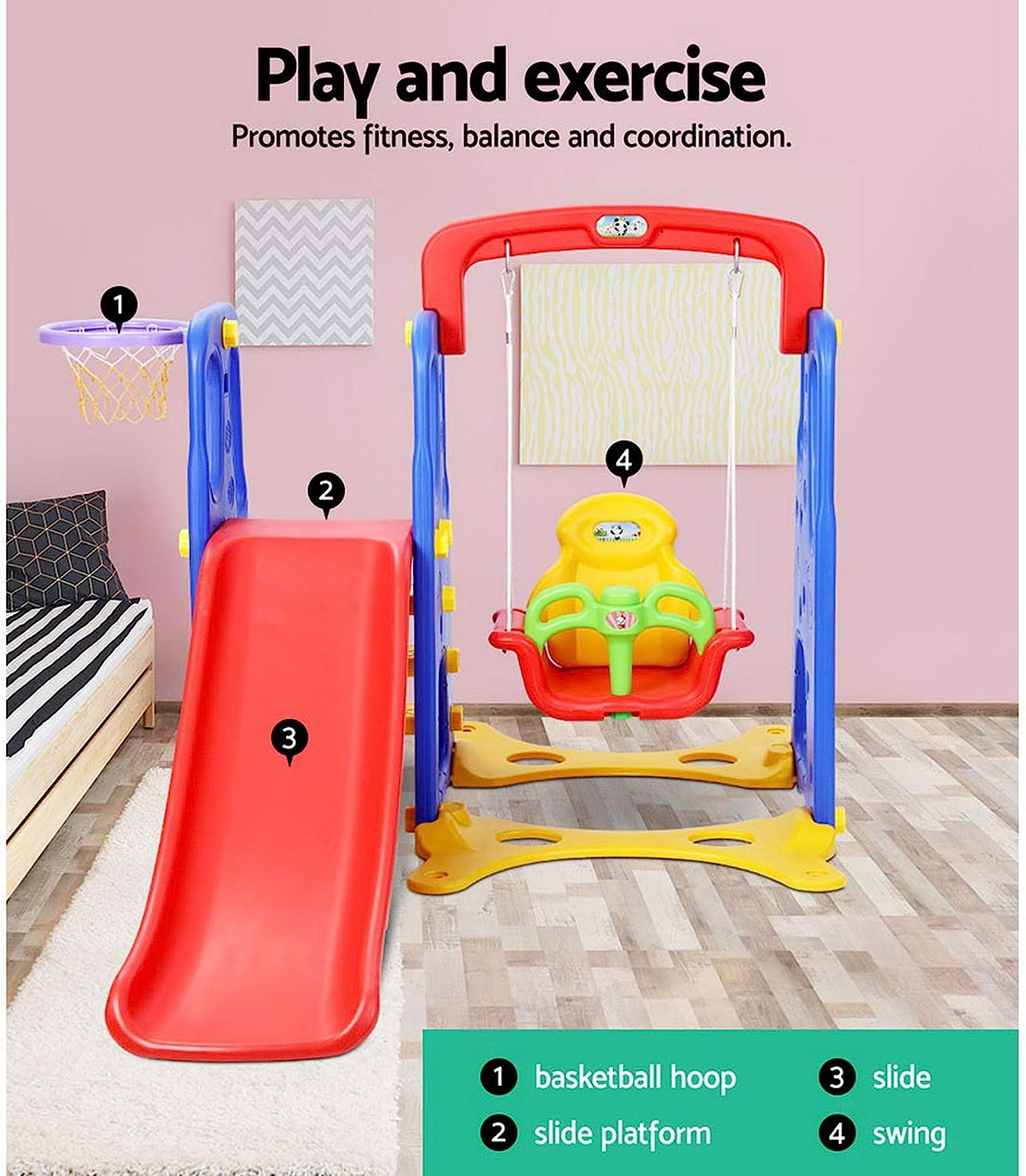 Keezi Kids Slide Swing Set with Basketball Hoop, 3 in 1 Climbing Frame Cubby House Toddler Fold up Cardboard Slides Playground Outdoor Indoor Activity Sports Center Gym, Sticker Pump image number 2